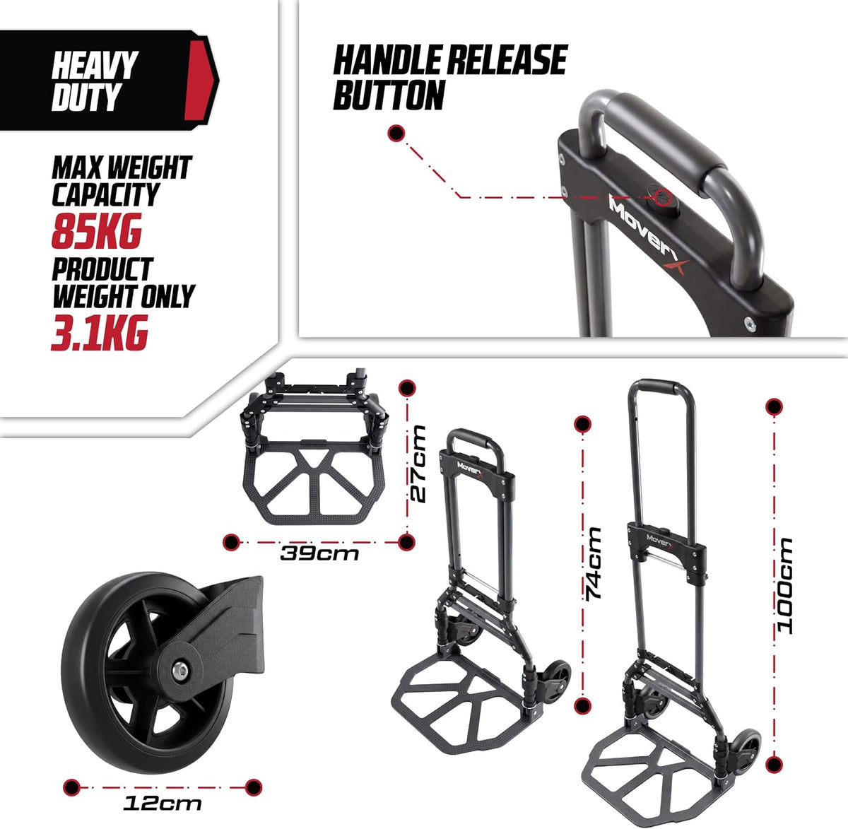 MoverX Folding Hand Truck Aluminium, Heavy Duty Hand Truck Foldable Trolley on Wheels, Multi Purpose Sack Truck Moving Trolley, 80kg