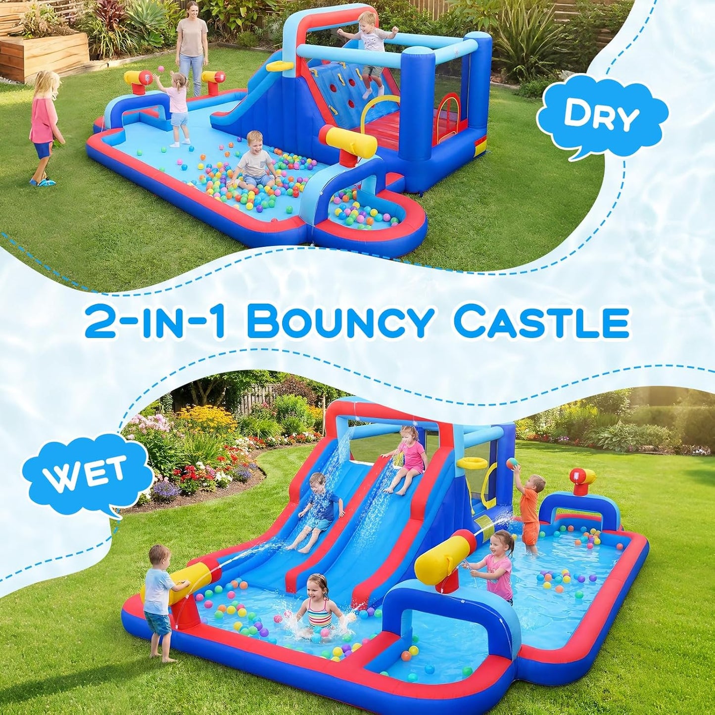 COSTWAY 5-in-1 Inflatable Water Park with Dual Slides, Climbing Wall & Splash Pool — Ages 3-12