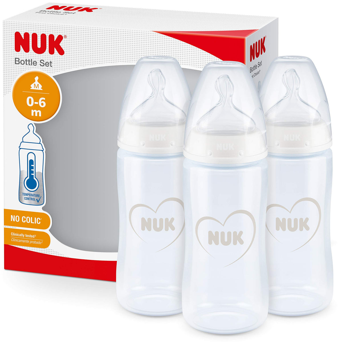 NUK First Choice+ Baby Bottles Set | 0-6 Months | Temperature Control | Anti Colic Vent | 300 ml | BPA-Free | Silicone Teat | 3 Count | Safari