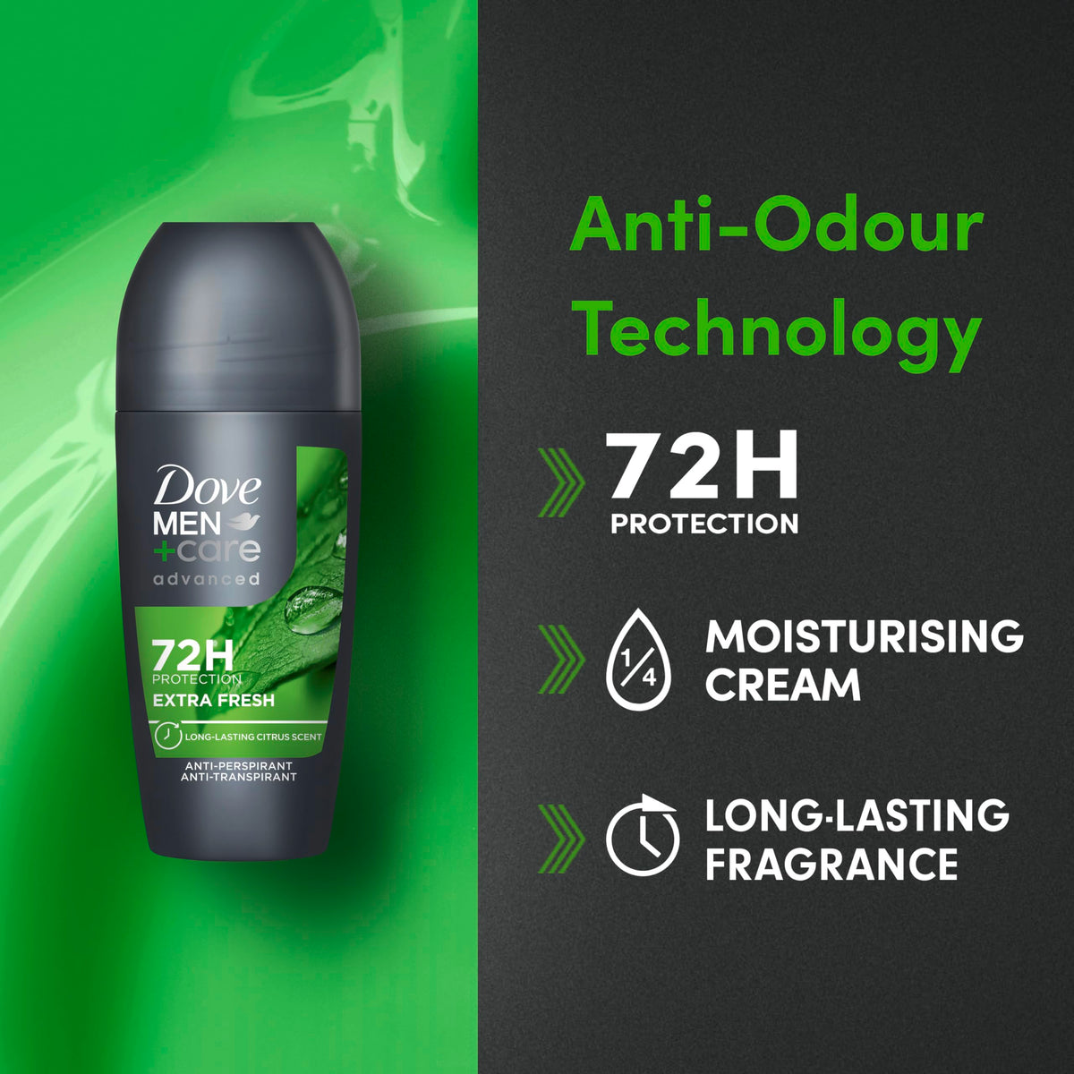 Dove Advanced Extra Fresh Antiperspirant Deodorant Roll On deodorant for men with Triple Action Technology for 72h sweat & odour protection 50 ml (Pack of 2)