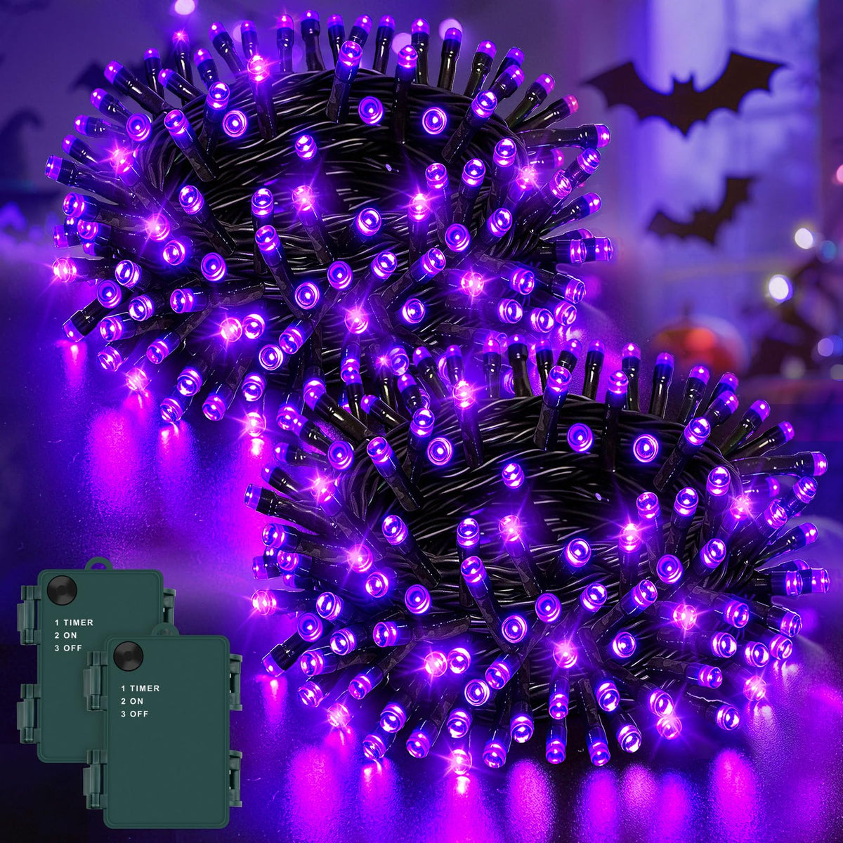 Dalugo Halloween Decoration Lights, 5M 50 LED Orange Purple White Fairy Lights with Timer, IP65 Waterproof Battery Powered Lights for Indoor Outdoor Autumn Halloween Decorations(Green Wire)