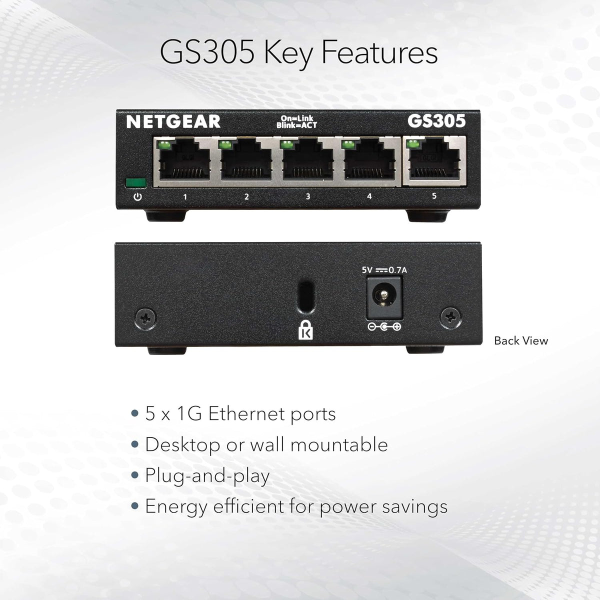 NETGEAR 5 Port Gigabit Network Switch (GS305) | Unmanaged Ethernet Switch | Ethernet Splitter | Silent Operation | Desktop or Wall Mount