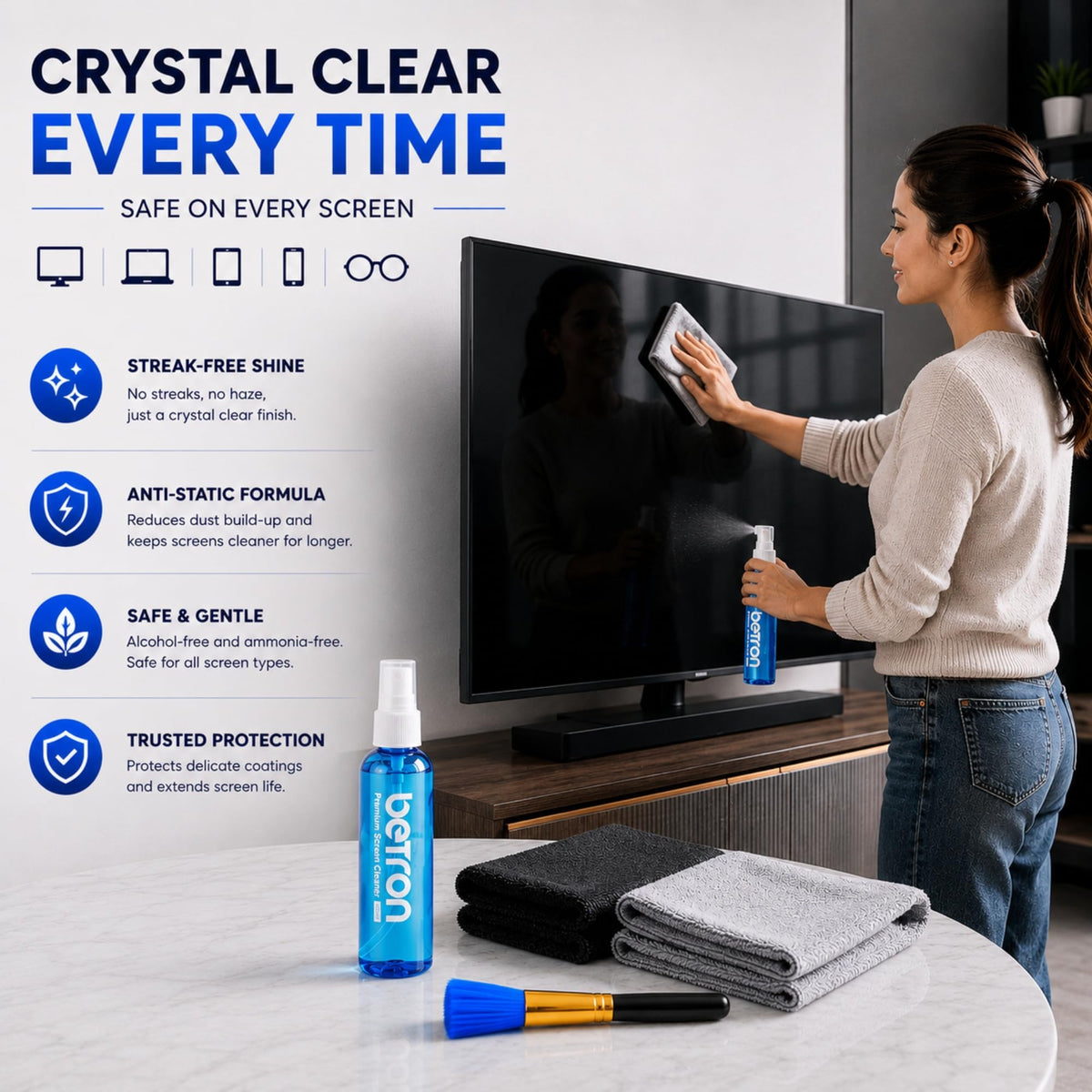 Betron Screen Cleaner Spray Kit with Cloth for TV, Laptop, Monitor, 200ml