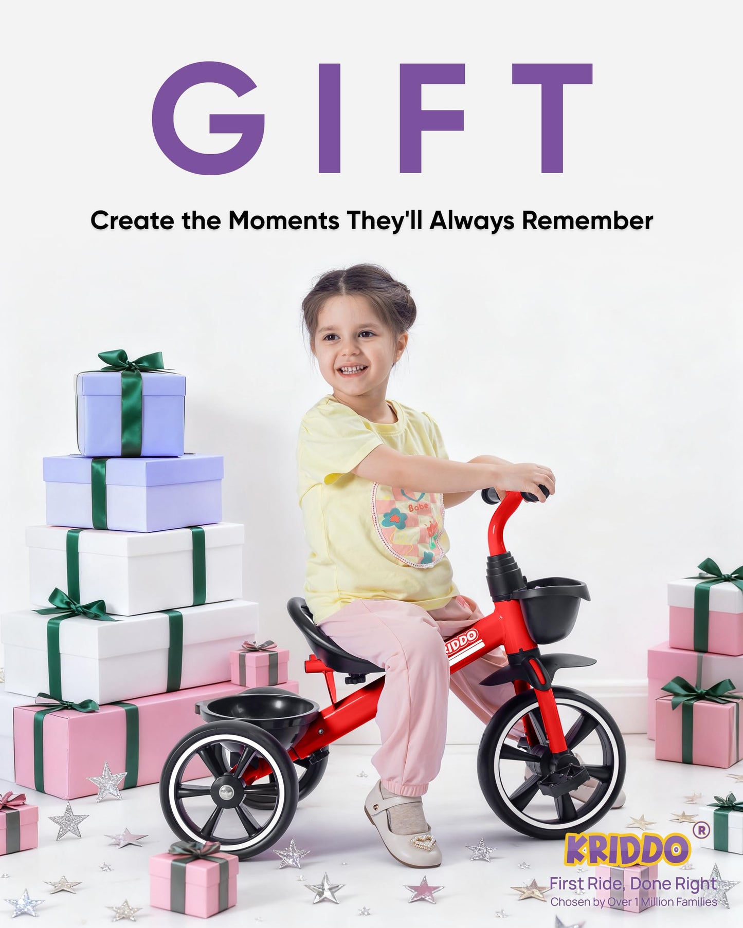 KRIDDO Toddler Tricycle — Anti-Tip Design, BPA-Free | Ages 18 Months to 4 Years | Pink
