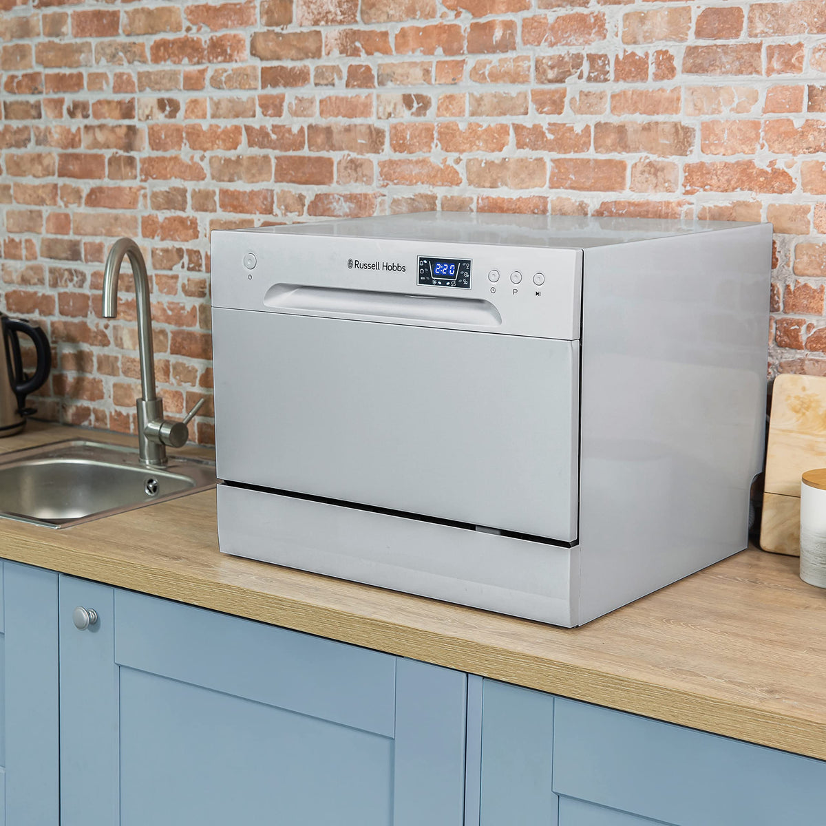 Russell Hobbs Table Top Dishwasher Compact Mini with 6 Place Settings, LED Display, Button Control, 6 Programmes, Portable & Efficient, 24hr Timer, Rinse & Eco Mode in White, RH6TTDW0D1W