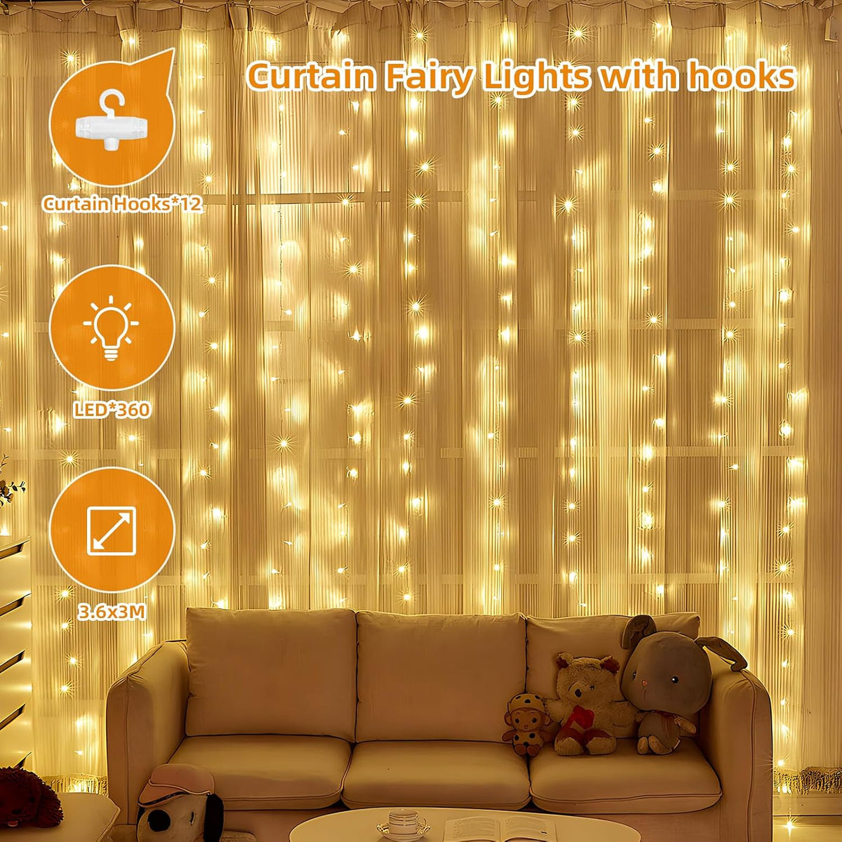 Jsdoin Curtain Fairy Lights, 3.6m x 3m 360leds USB Operated 8 Modes String Light Indoor Waterproof Hanging Window Lights with Hooks for Christmas, Wedding, Party,Wall, Home Decorations (Warm White)