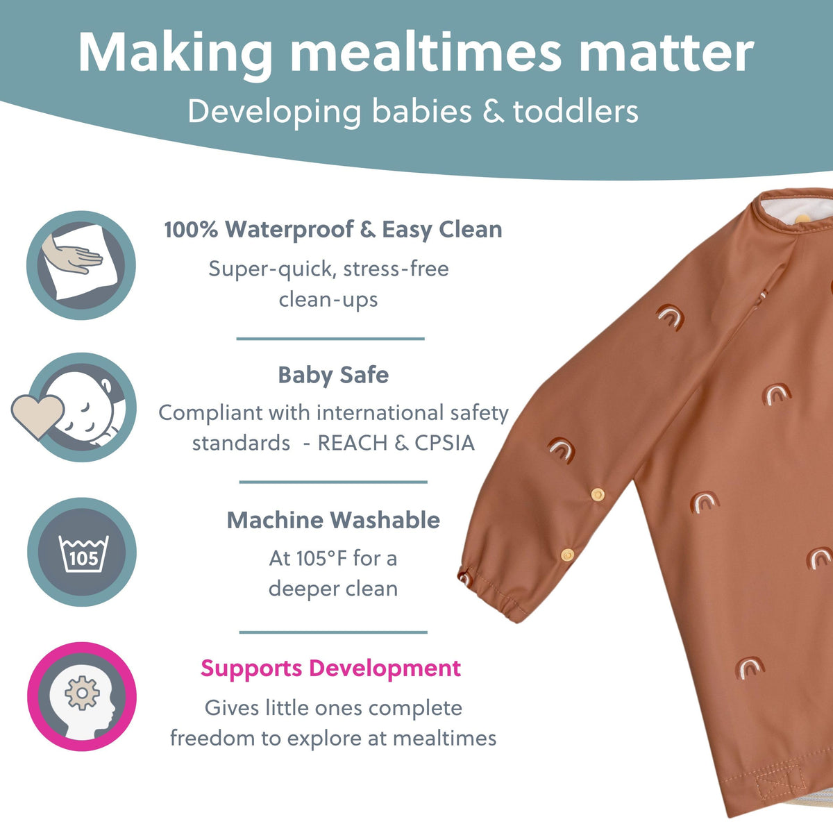 BIBaDO Long Sleeve Baby Bibs - Coverall Weaning Bib with Highchair Strap