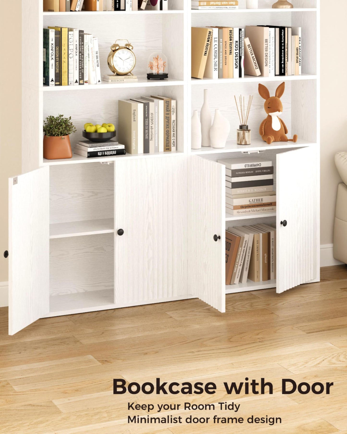 IRONCK Bookcase, Bookshelf with Doors, 6 Tier Tall Book Shelf, Shelving Unit, 60x23.5x180cm Free Standing Display Shelf for Living Room, Home Office, Dinning Room (white)