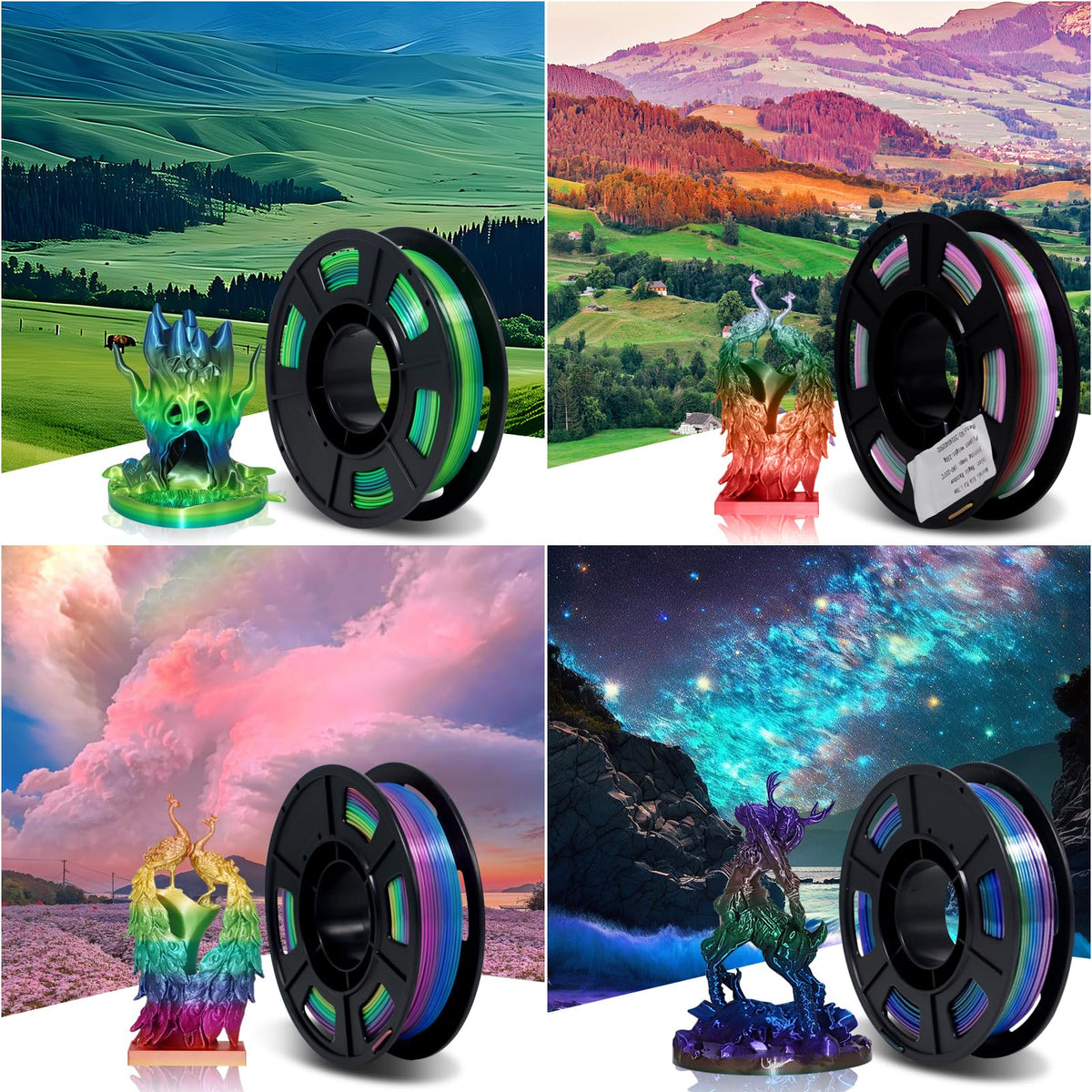 YOUSU 3D Printer Filament Bundle,Glow in The Dark Filament Multicolor,PLA Filament 1.75 mm,Green, Blue,Purple and Rainbow Accuracy +/- 0.03 mm,250g X 4 Pack