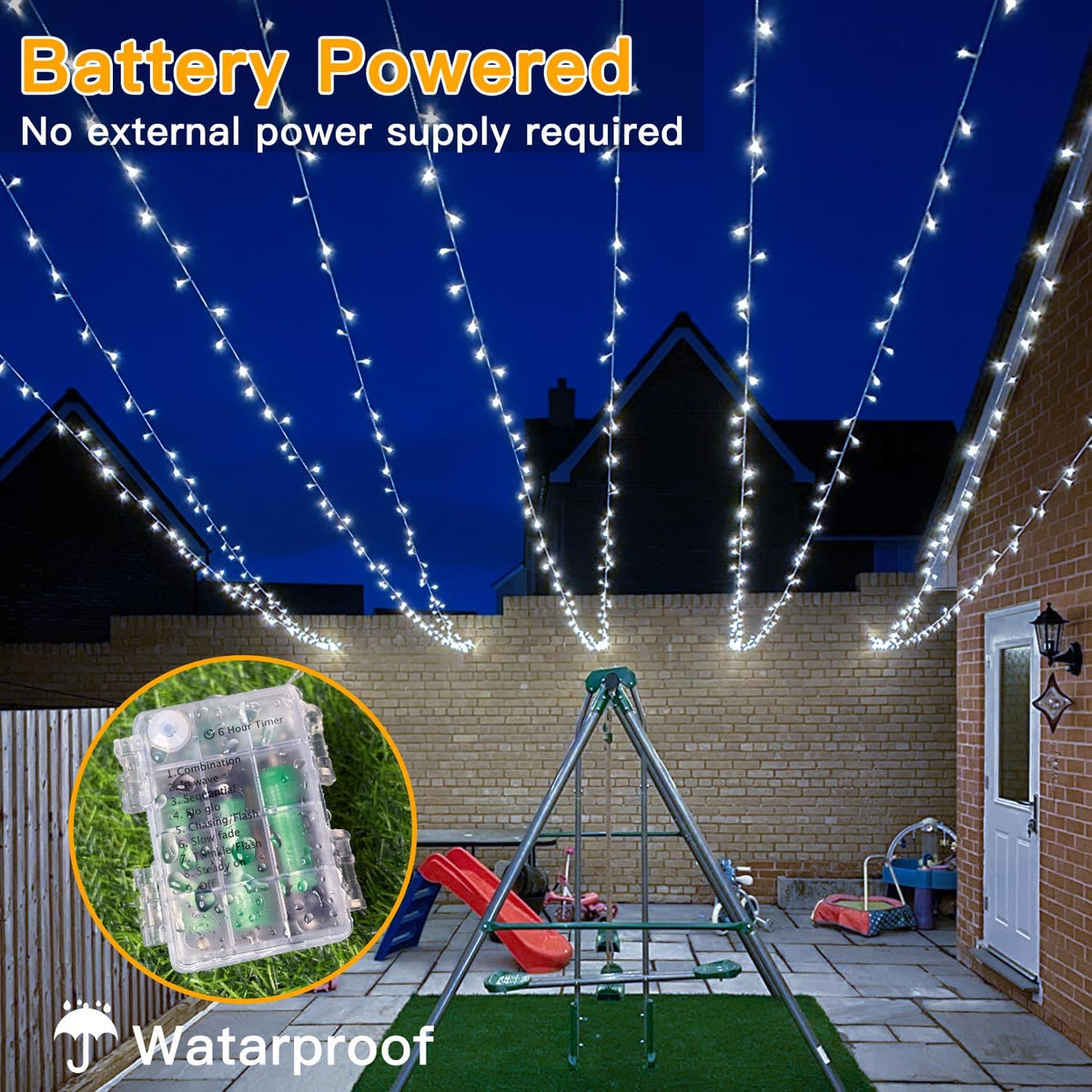 Ollny Fairy Lights Battery Operated, 10m 100 LEDs Bright Battery Powered String Lights, Cool White Outside Christmas Lights Waterproof with 8 Modes/Timer for Indoor Outdoor Bedroom Garden Decorations