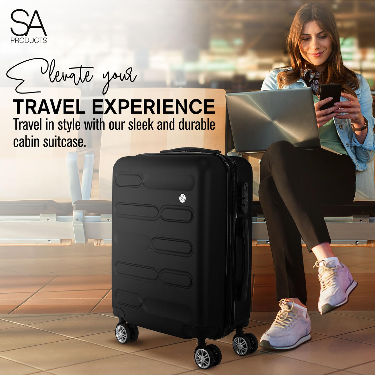 SA Products Cabin Suitcase - 34L Carry On Hard Shell Bag - 55x40x20 - Grey