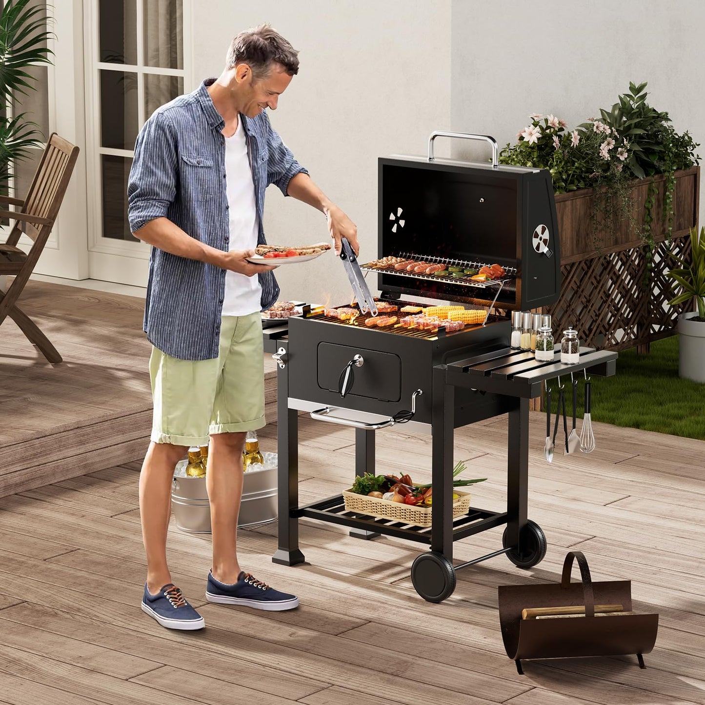 XXXL Smoker Charcoal BBQ, Portable Barbecue Grill with Wheel & 2 Folding Table, Thermometer & Adjustable Charcoal Pan, Large Outdoor BBQ Grill Smoker for Patio Home Garden Cooking
