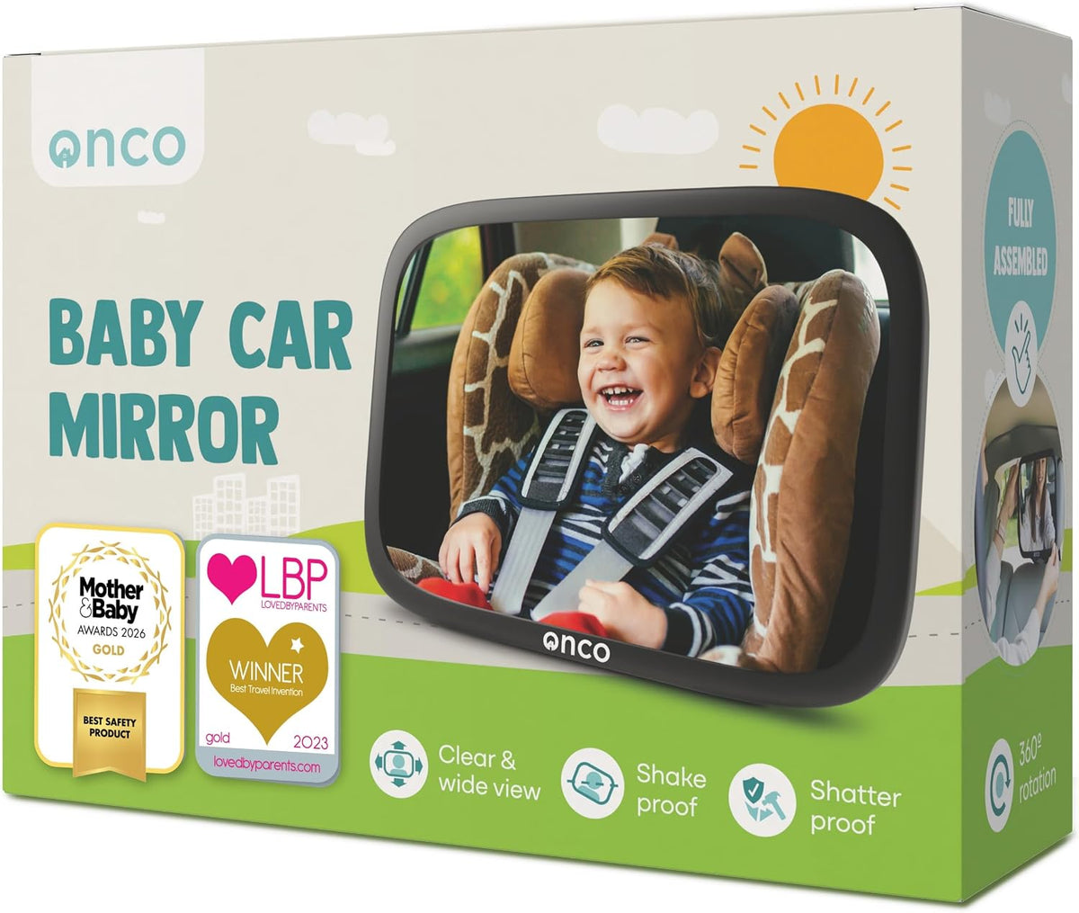 Onco Baby Car Mirror - Award-Winning, Shatterproof & Shakeproof [Black]