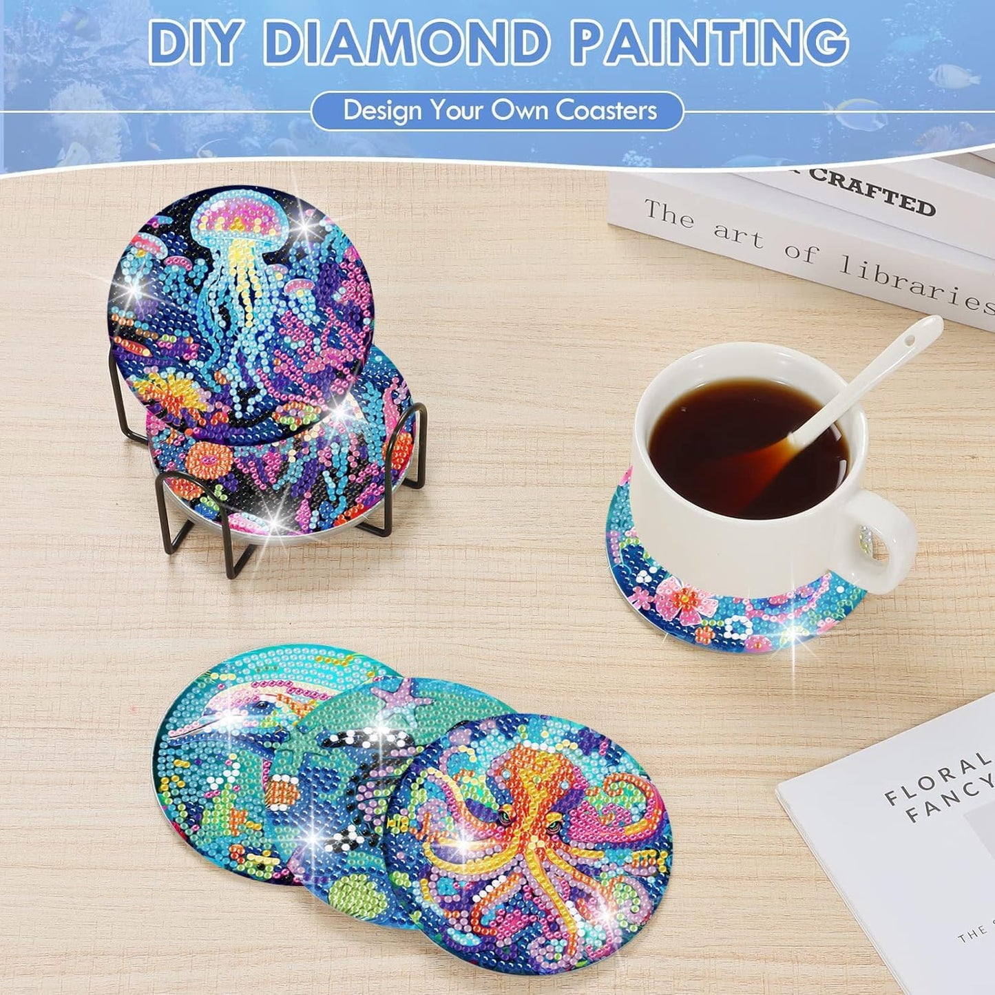 8 Pcs Flowers Diamond Art Coasters Kits for Adults Begainners,Full Drill Diamond Painting Coasters Kit with Holder,DIY Gem Painting Craft Kits for Adults Supplies Gift (Flowers).