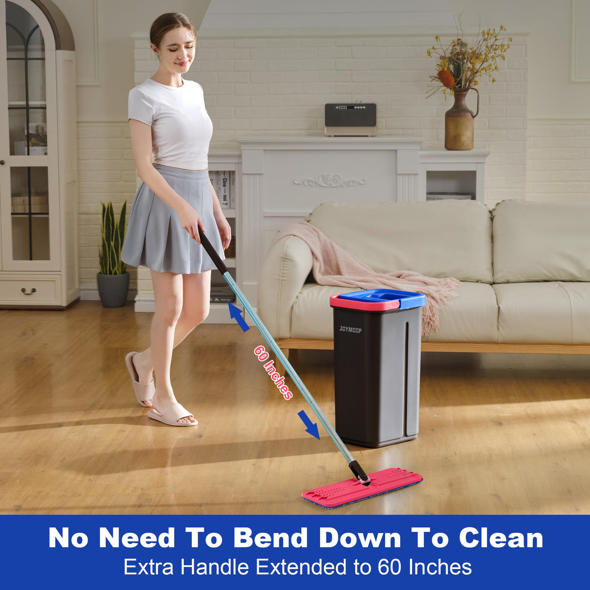 JOYMOOP Mop and Bucket with Wringer Set, Hands Free Flat Floor Mop and Bucket, with 3 Washable Microfiber Pads, Wet and Dry Use, Floor Cleaning System