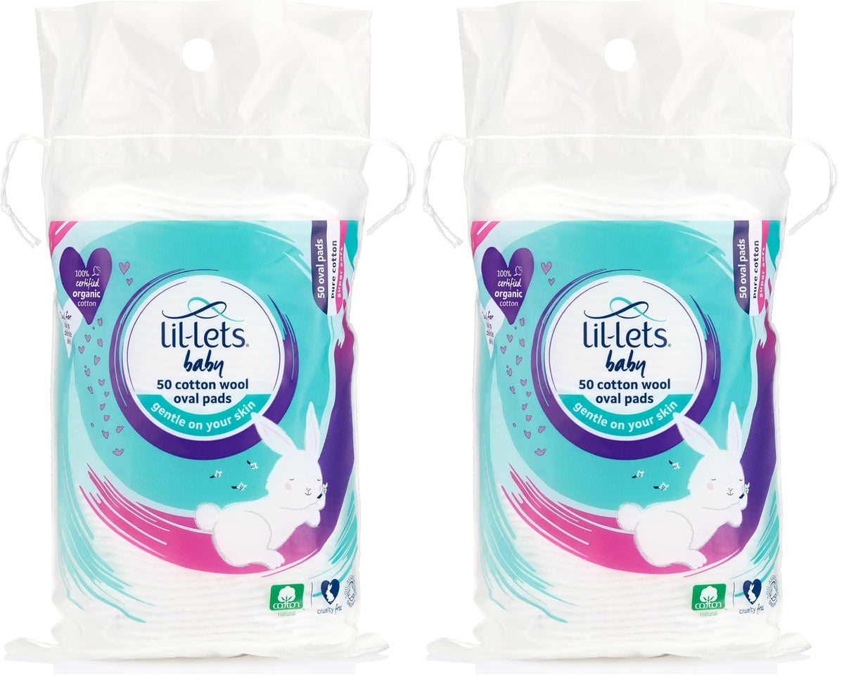 Lil-Lets Baby Cotton Wool Oval Pads, Certified Organic, 100% Pure Cotton Wool, Soft and Absorbent, Gentle on Baby's Delicate Skin, Dermatologically Tested, Ideal for Newborns, Pack of 50 Oval Pads