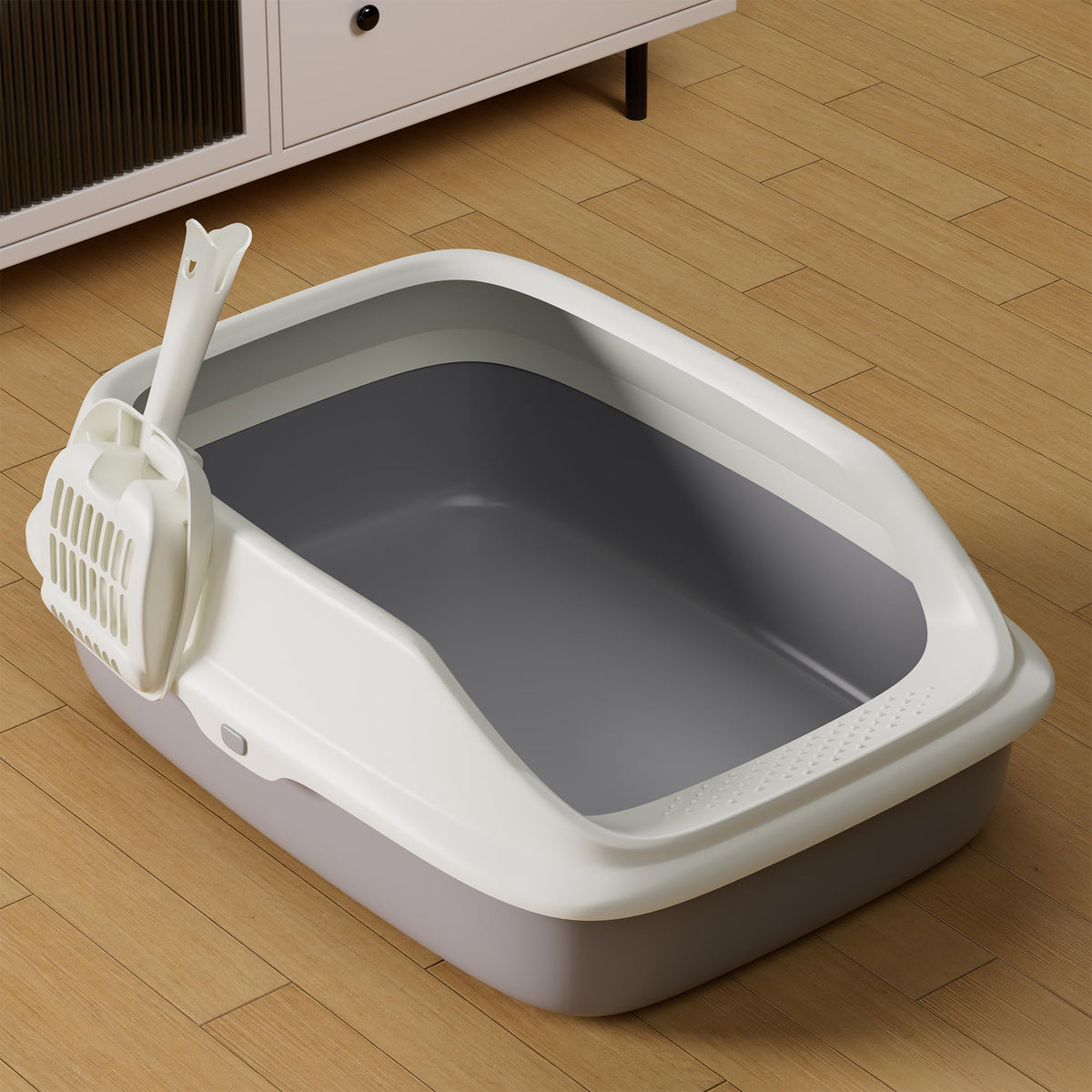 Cat Litter Tray Box, Litter Box, Plastic Cat Open Top Litter Tray with Free Scoop Kitten Detachable Rim Easy Cleaning,49 x 38 x 23cm (Grey)