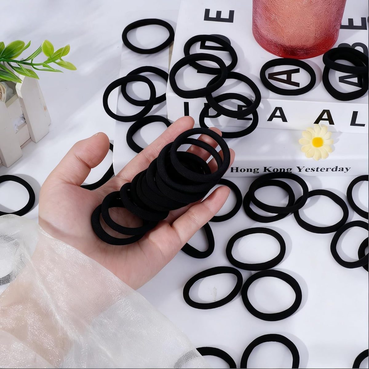 ZHIYE Elastic Hair Ties, 50 Pcs Thick Seamless Hair Bands No Damage Soft Ponytail Holders Hair Bobbles for Girls Women, Black