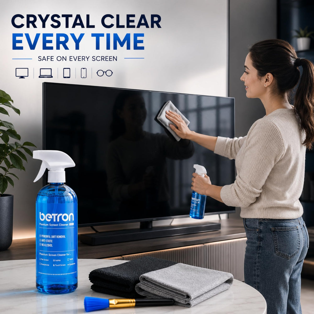 Betron Screen Cleaner Spray Kit with Cloth for TV, Laptop, Monitor, 200ml