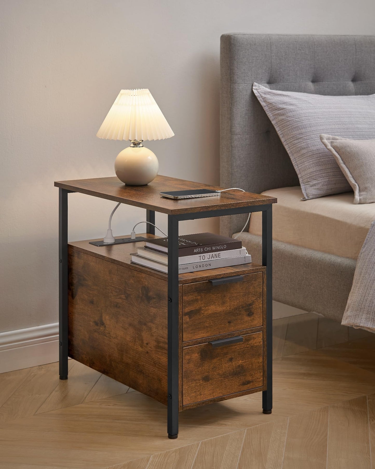 VASAGLE Slim Side Table with Charging Station, Narrow End Table with 2 Drawers, Bedside Table with Storage, for Living Room, Bedroom, Rustic Brown and Classic Black LET326B01
