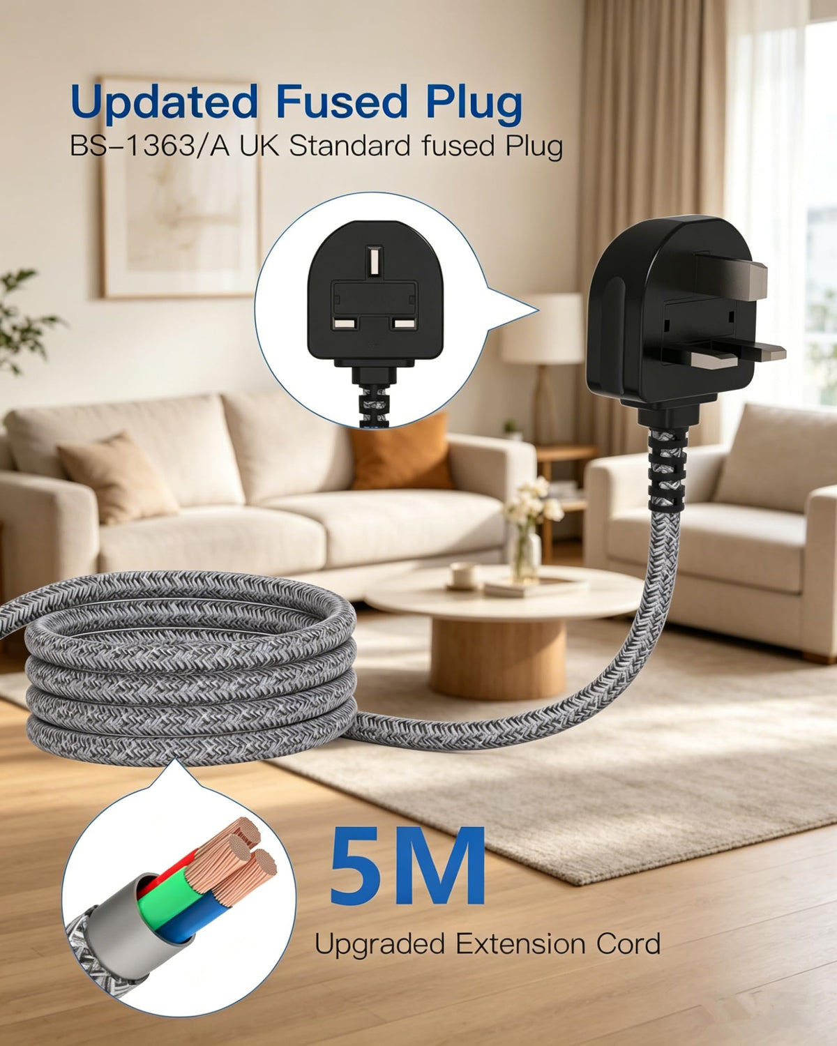 Addtam Extension Lead with USB Slots, 6 Way Outlets 5 USB(5A, 3USB- C Port)