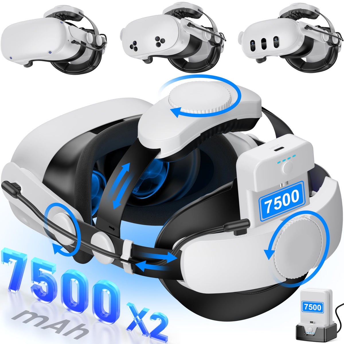 Comfortable Head Strap for Meta Quest 3S/3/2 with 7500mAh LED Display Battery Bank,VR Headset Elite Strap Replacement,All-Directional Adjustable Oculus Headstrap,Enhanced Support & Reduce Pressure