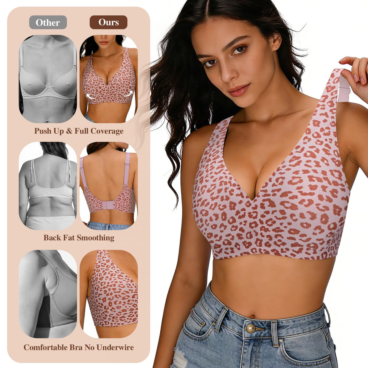 Seamless Jelly Bra,Full Cup Leopard Print Bra Comfort Sleep Jelly Push Up Bra Seamless No Under Wireless Bras for Women UK Everyday T Shirt Bras