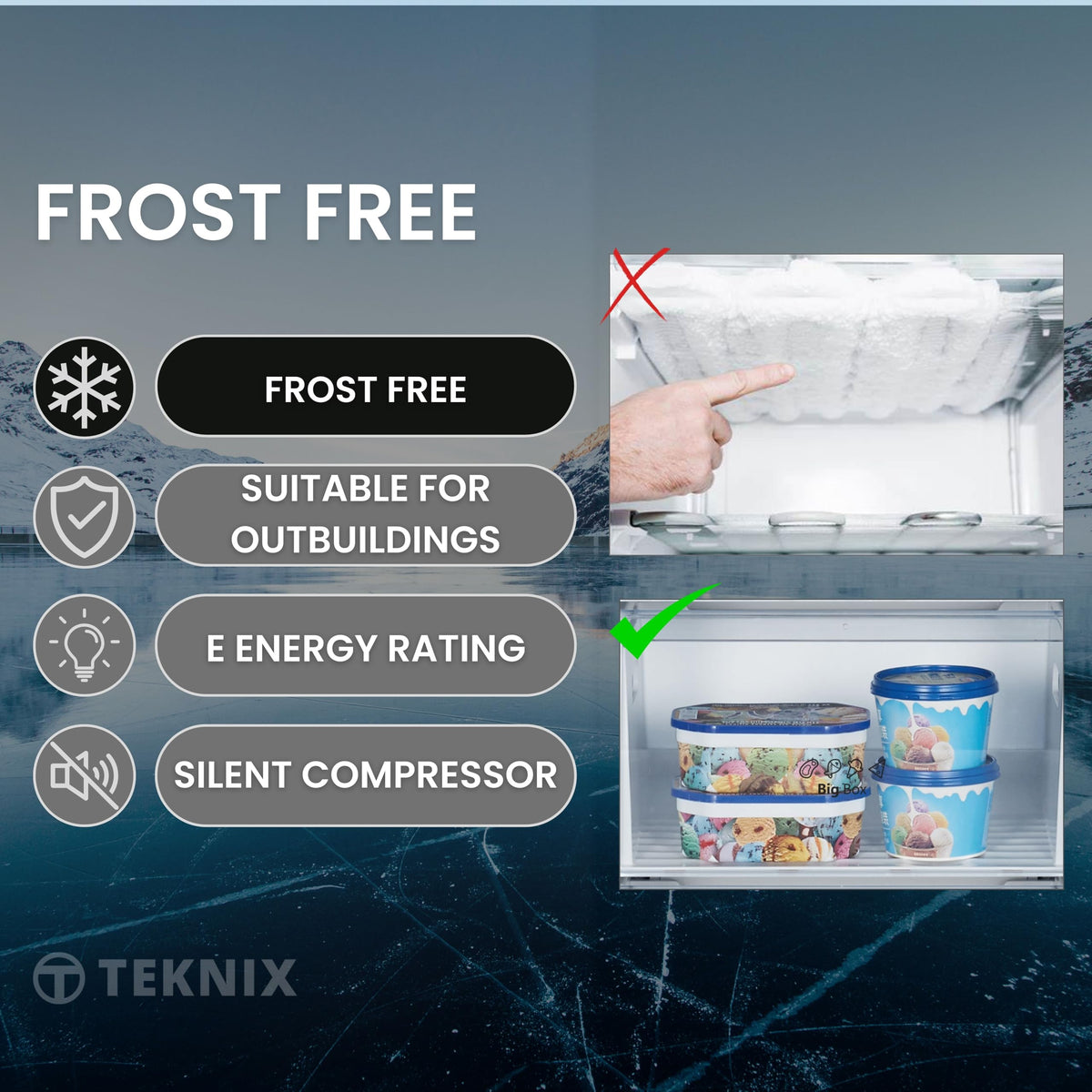 Teknix UC48F2W Freestanding Undercounter Freezer - 48cm Width / 60 Litre Capacity - Suitable for Outbuildings - 3 Large Compartments - 4 Star Freezer Rating - White