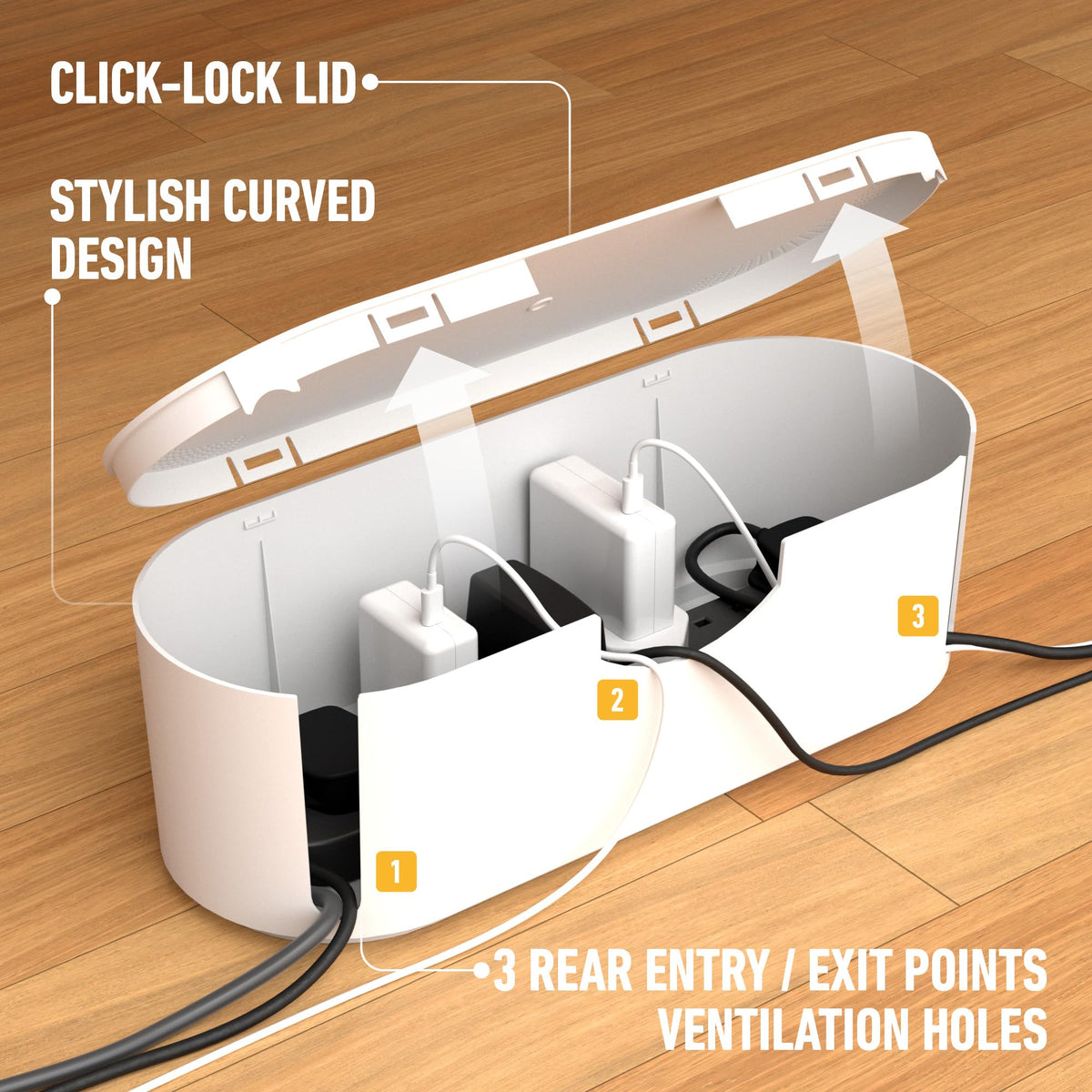 D-Line Cable Tidy Box, Hide & Conceal Extension Blocks, Desk Cable Management Solution, TV Wire Tidy, Made from Electrically Safe ABS Material - 325mm (L) x 125mm (W) 115mm (H) - Small, White