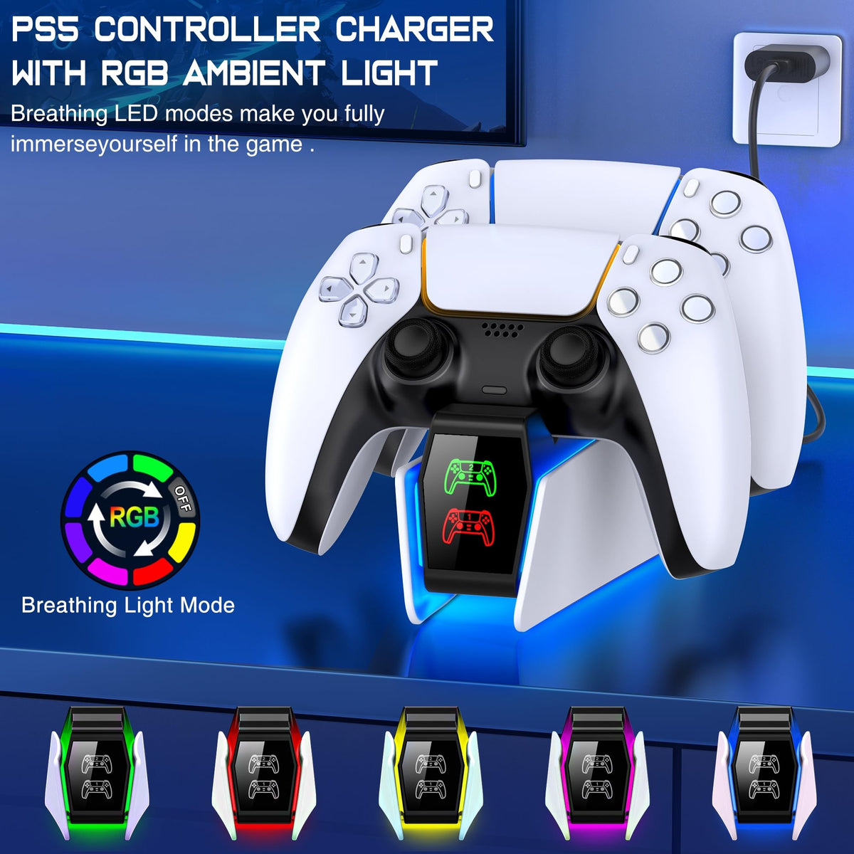 HELLCOOL PS5 Charging Charger for DualSense & Edge, Fast Charge 2 Controllers Simultaneously, Drop&Go No Alignment, LED Indicator with Touch Off, Smart Safety Protection, with 1m USB-C Cable