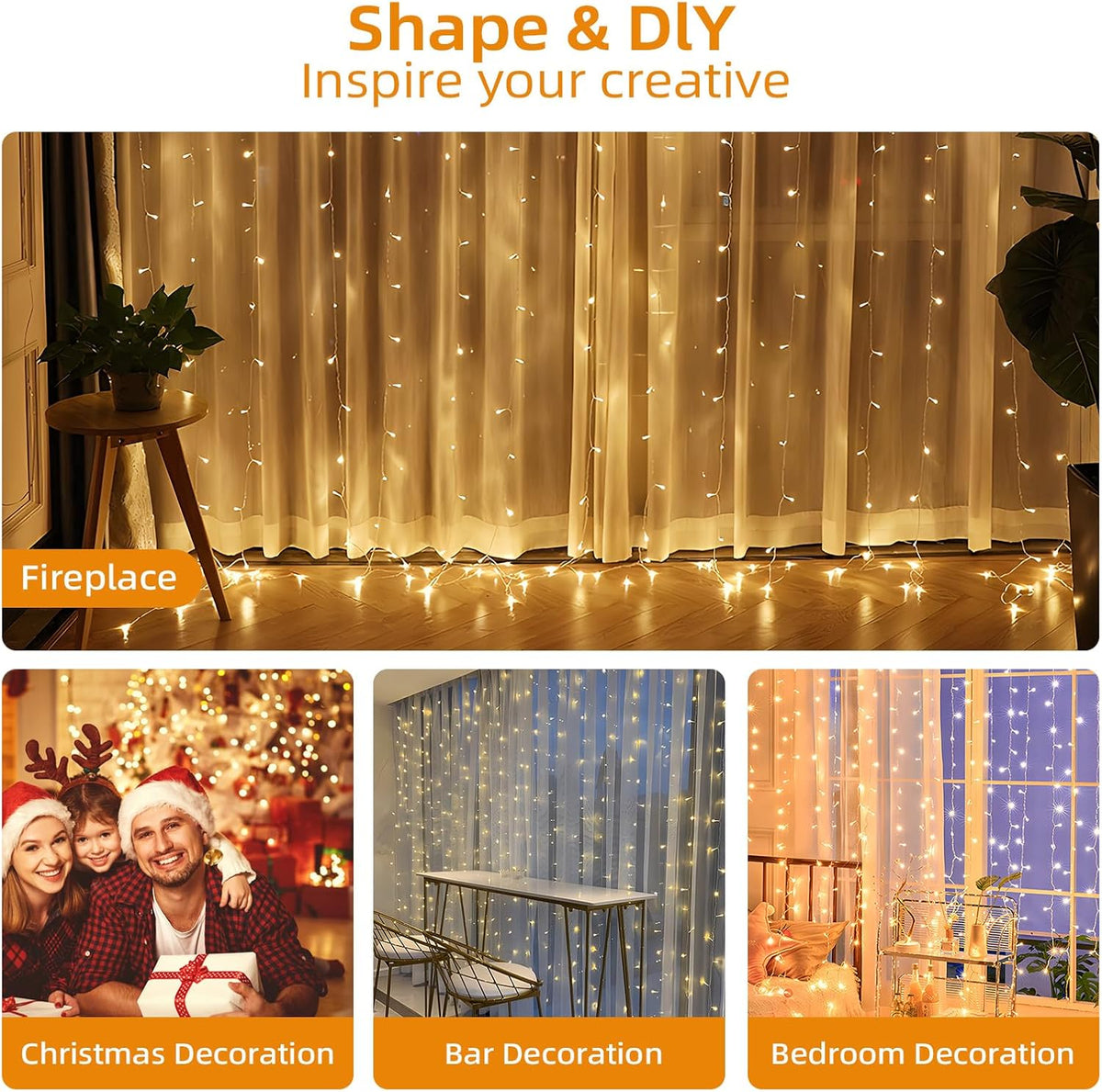 Jsdoin Curtain Fairy Lights, 3.6m x 3m 360leds USB Operated 8 Modes String Light Indoor Waterproof Hanging Window Lights with Hooks for Christmas, Wedding, Party,Wall, Home Decorations (Warm White)