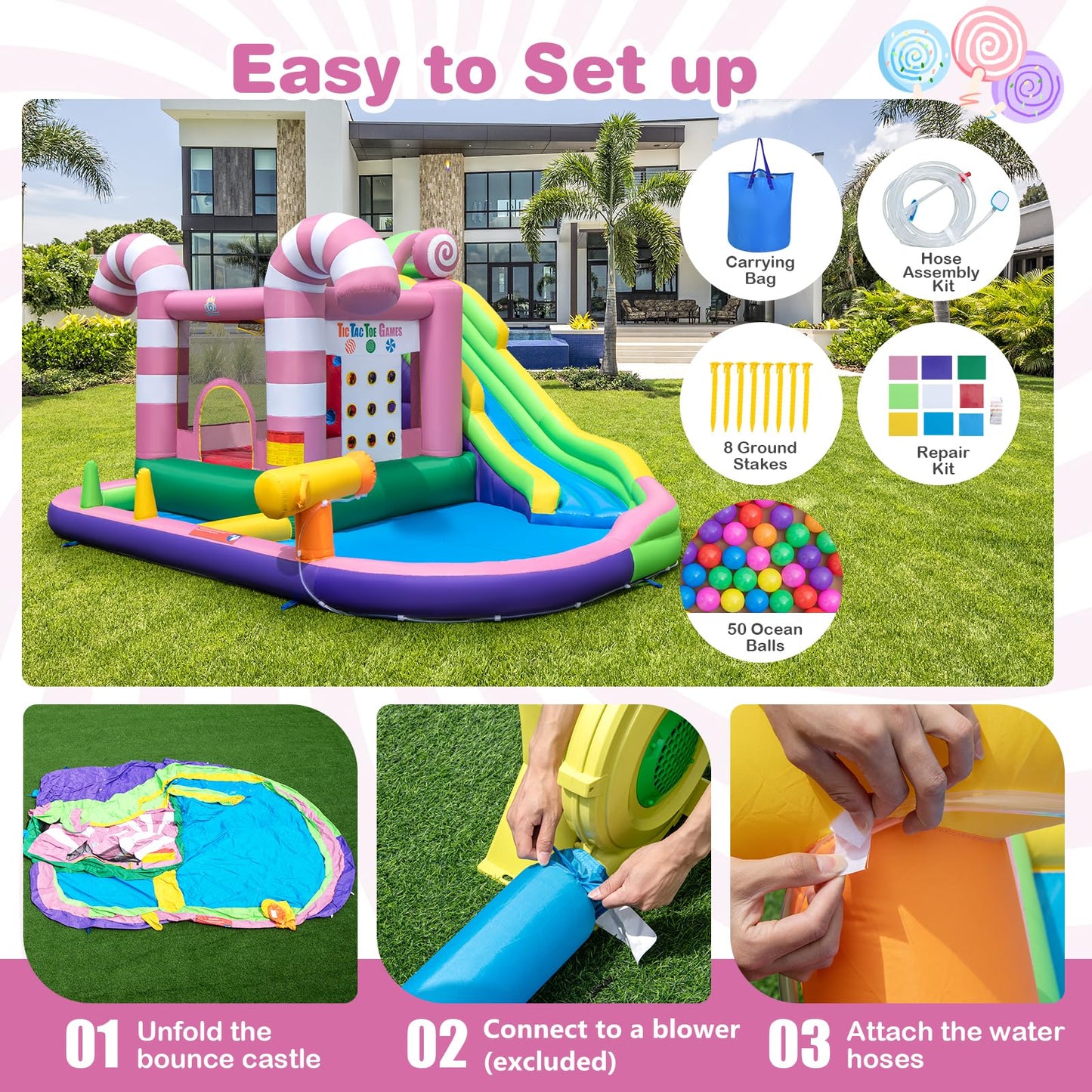 COSTWAY Kids Inflatable Water Park with Slide, Climbing Wall, Water Cannon, Splashing Pool, Blow up Bouncy Castle House for Summer Outdoor Play (with 50 Ocean Balls)
