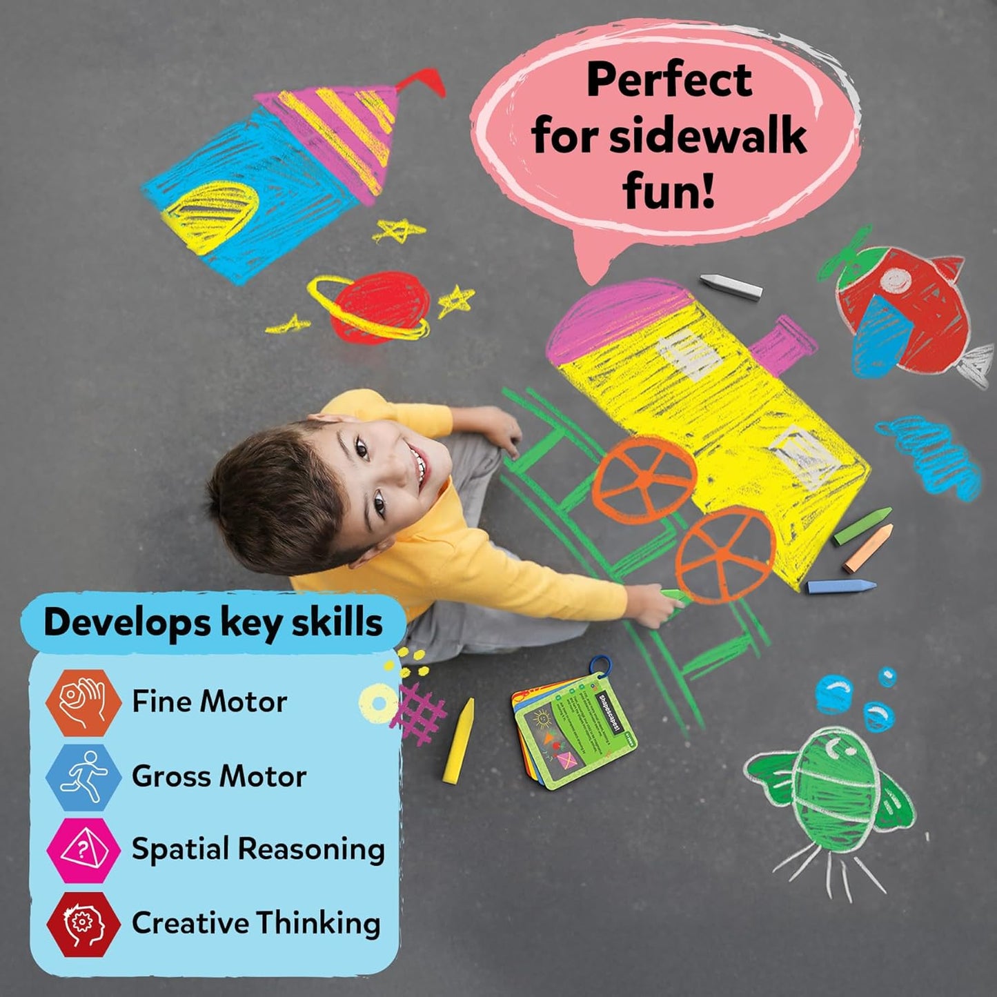 Skillmatics Sidewalk Chalk Activity Kit - Creative Outdoor Fun with 18 Washable Chalk Sticks, 15 Activities & Games for Kids, Gifts for Boys & Girls Ages 3, 4, 5, 6, 7, 8, 9, 10
