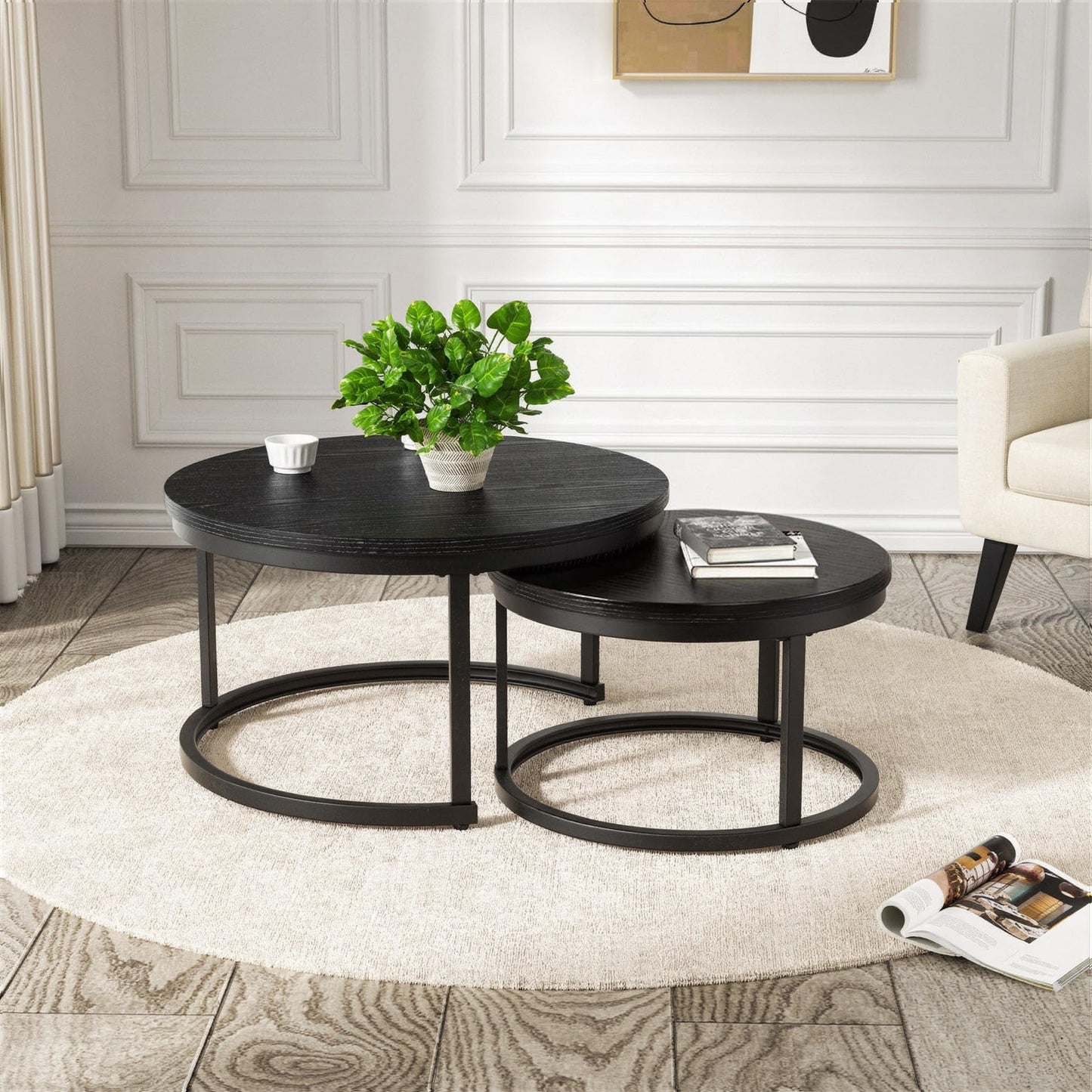 Hawthyhome Coffee Tables, Round Nesting Tables Tet of 2, Modern Side Tables with Metal Frame, Industrial Stacking End Tables for Living Room Bedroom Office, 60 * 60 * 45cm, Brown