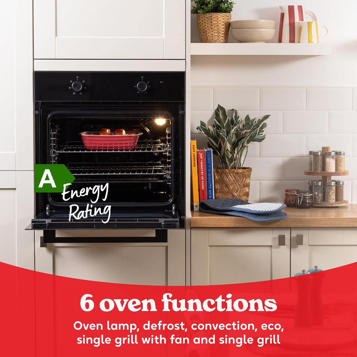 Russell Hobbs 70L, 60cm Wide, Single Electric Built-in Fan Oven and Grill in Stainless Steel, 6 Oven Functions, RHFEO7004SS