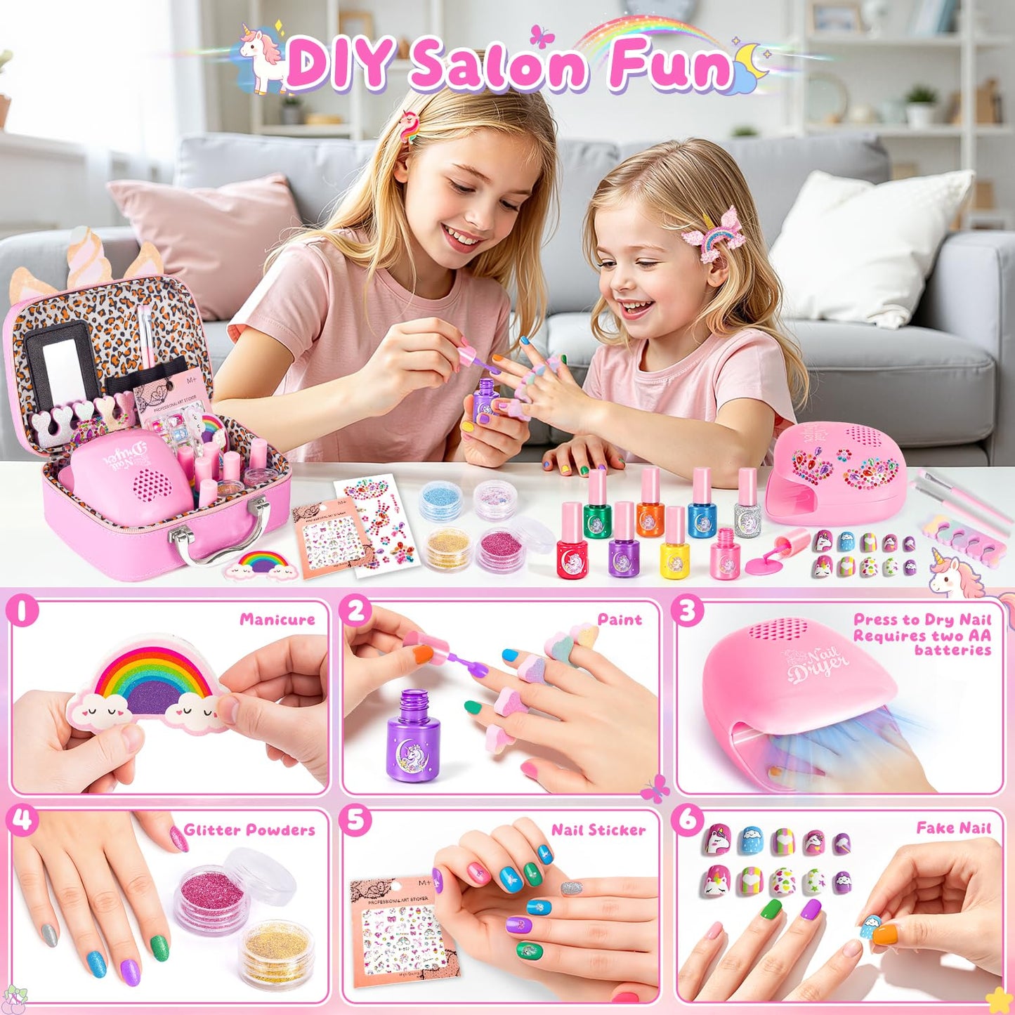 Hohosunlar Girls Makeup Set Kids Toys - Washable Non-toxic Kids Make Up w/ Nail Polish Dryer, Princess Accessories Nail Varnish Set, Christmas Birthday Gift Toys for Girls 3 4 5 6 7 8-12 Years Old