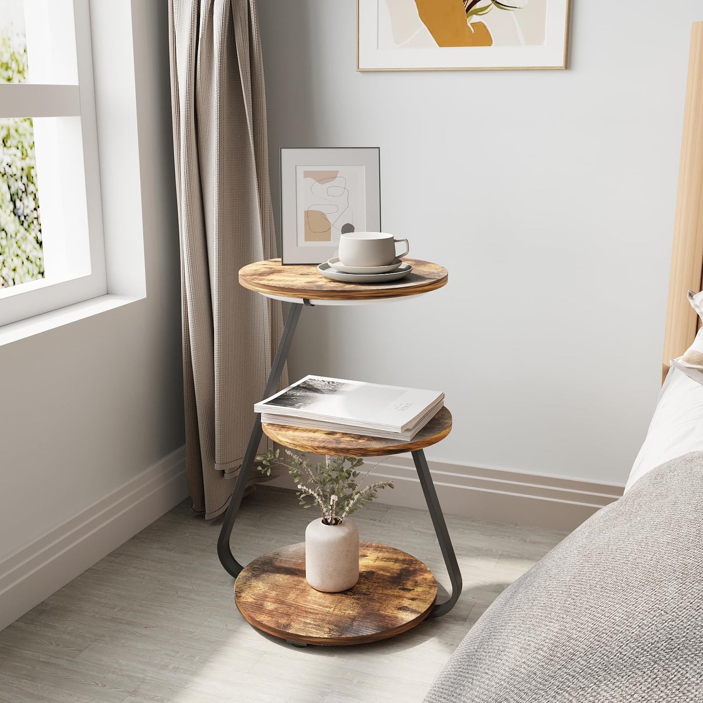 ARTETHYS Side Table, Small Round Coffee Table with 3 Color LED Lights, End Table with 3 Tier Storage Shelves, Bedside Sofa Side Tables for Living Room Bedroom, Rustic Brown