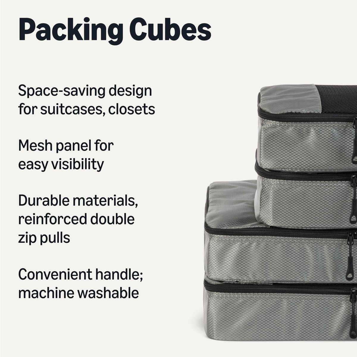 Amazon Essentials 4-Piece Packing Cubes Travel Accessories Set, Luggage Organiser with Double Zip, Mesh Top, 100% Polyester, Medium, Black (Previously Amazon Basics)