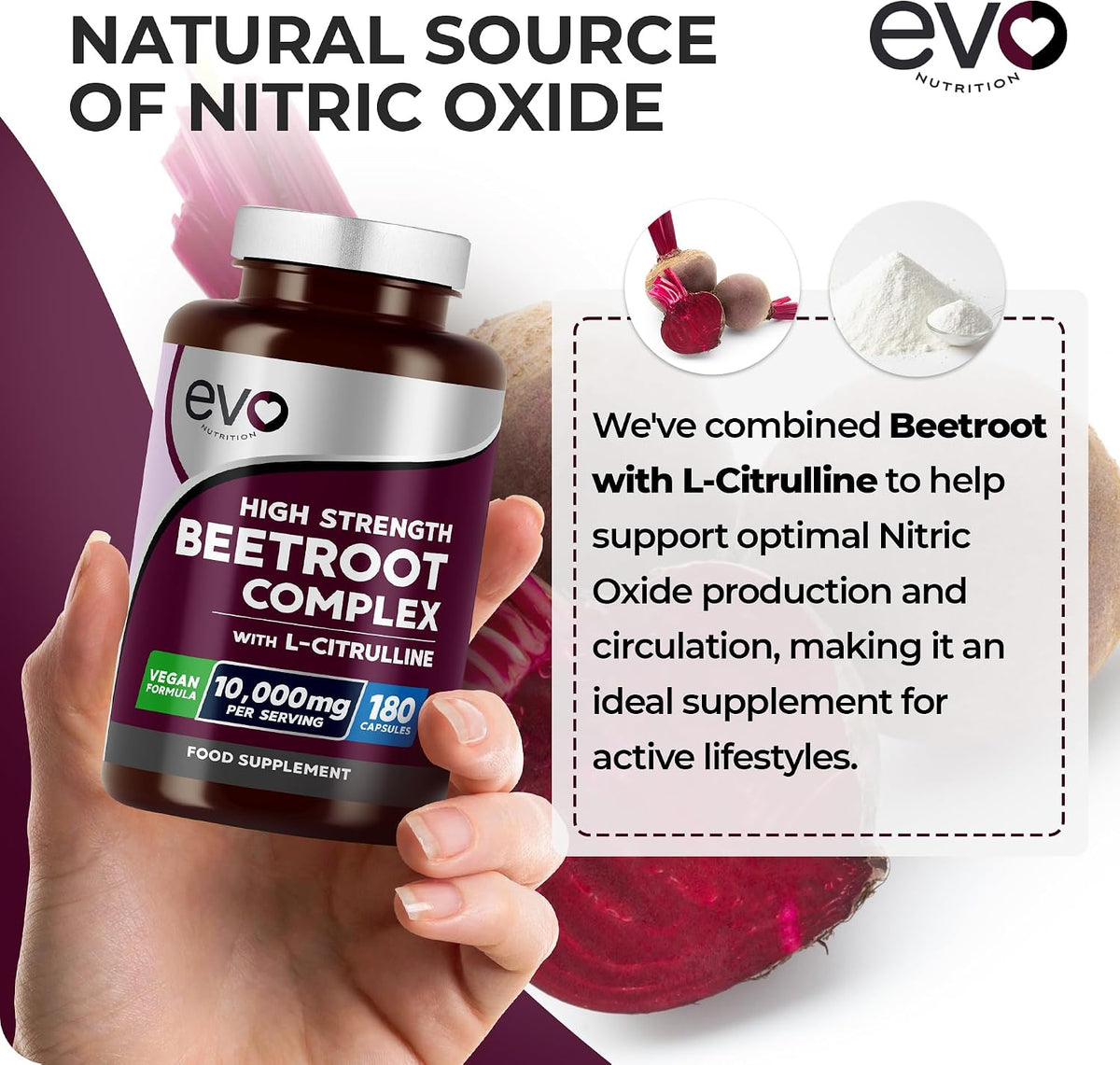 EVO Nutrition Beetroot & L-Citrulline 10,000mg, 180 Vegan Capsules