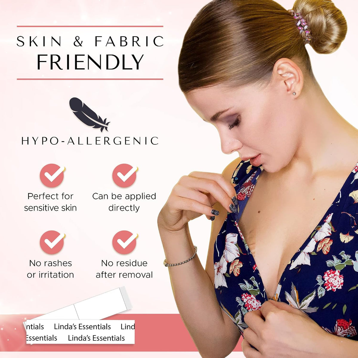 Linda's Essentials Double Sided Body and Fashion Tape (100 Strips) - Extra Adhesive Double Sided Boob Tape for Clothes & Skin, All Fabric Types, Perfect for Dresses, Body & Bra
