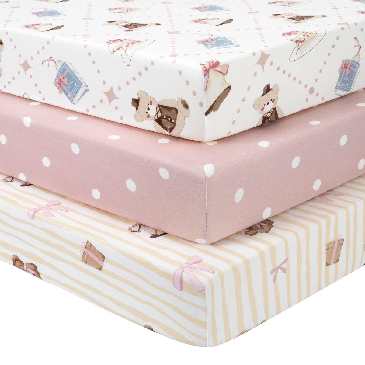 Cot Bed Sheets 140 x 70cm Fitted, 3 Pack Baby Cot Sheets, Ultra Soft & Silky Smooth Microfiber Toddler Bed Sheets Pink Rainbow