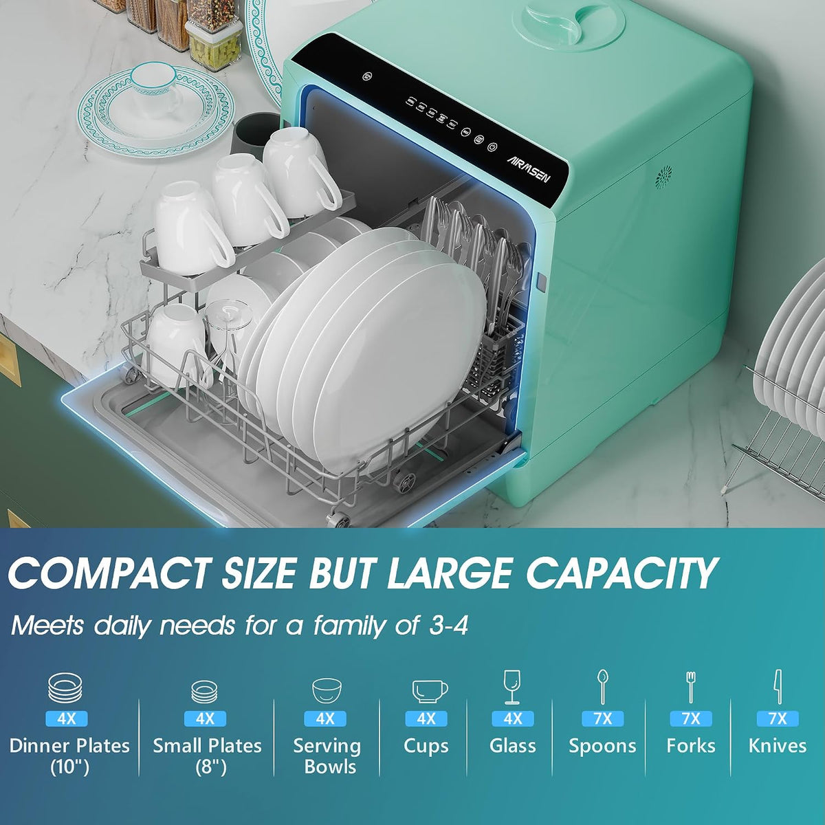 AIRMSEN Mini Table Top Dishwasher - Upgraded 6 Programs, Green