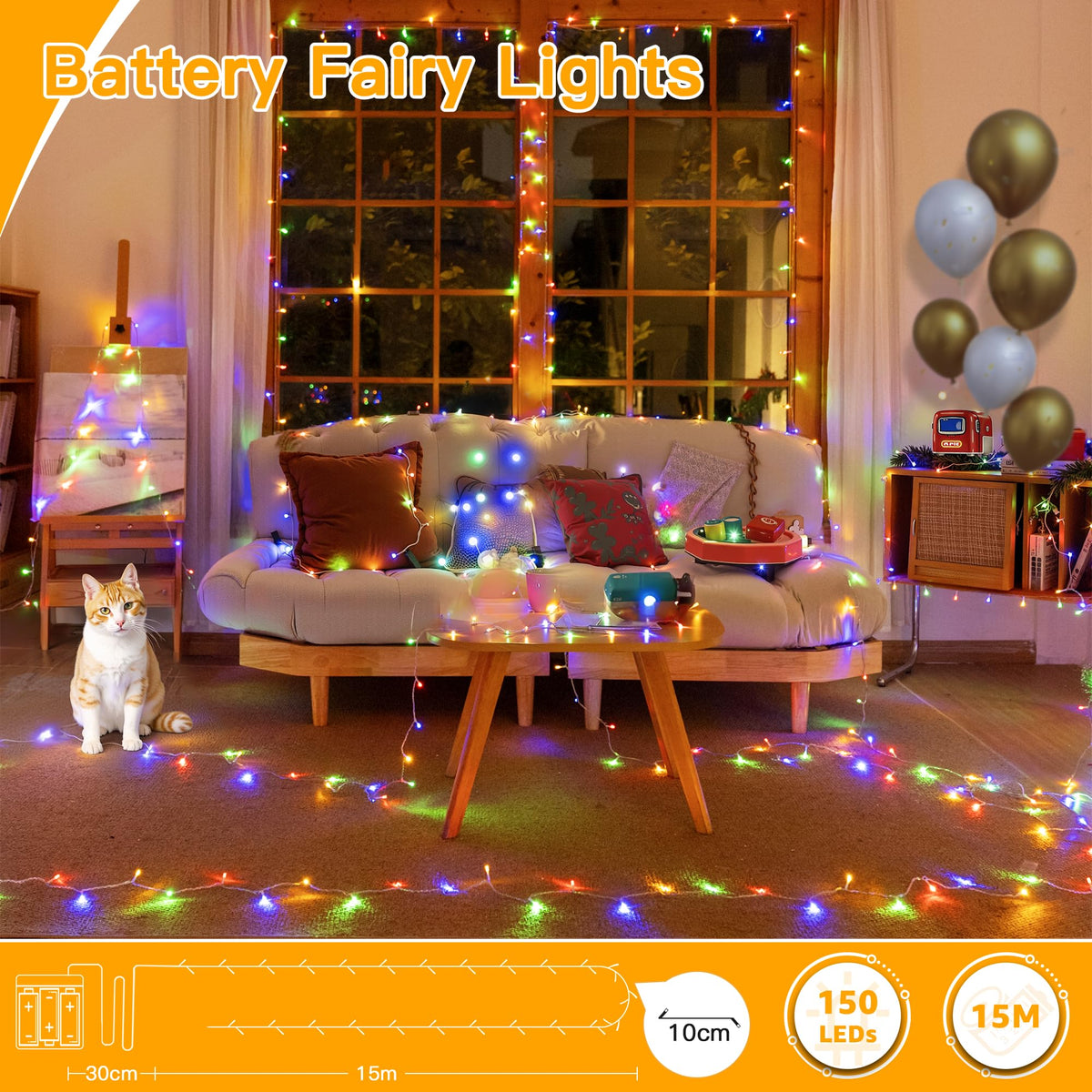Ollny Fairy Lights Battery Operated, 10m 100 LEDs Bright Battery Powered String Lights, Cool White Outside Christmas Lights Waterproof with 8 Modes/Timer for Indoor Outdoor Bedroom Garden Decorations