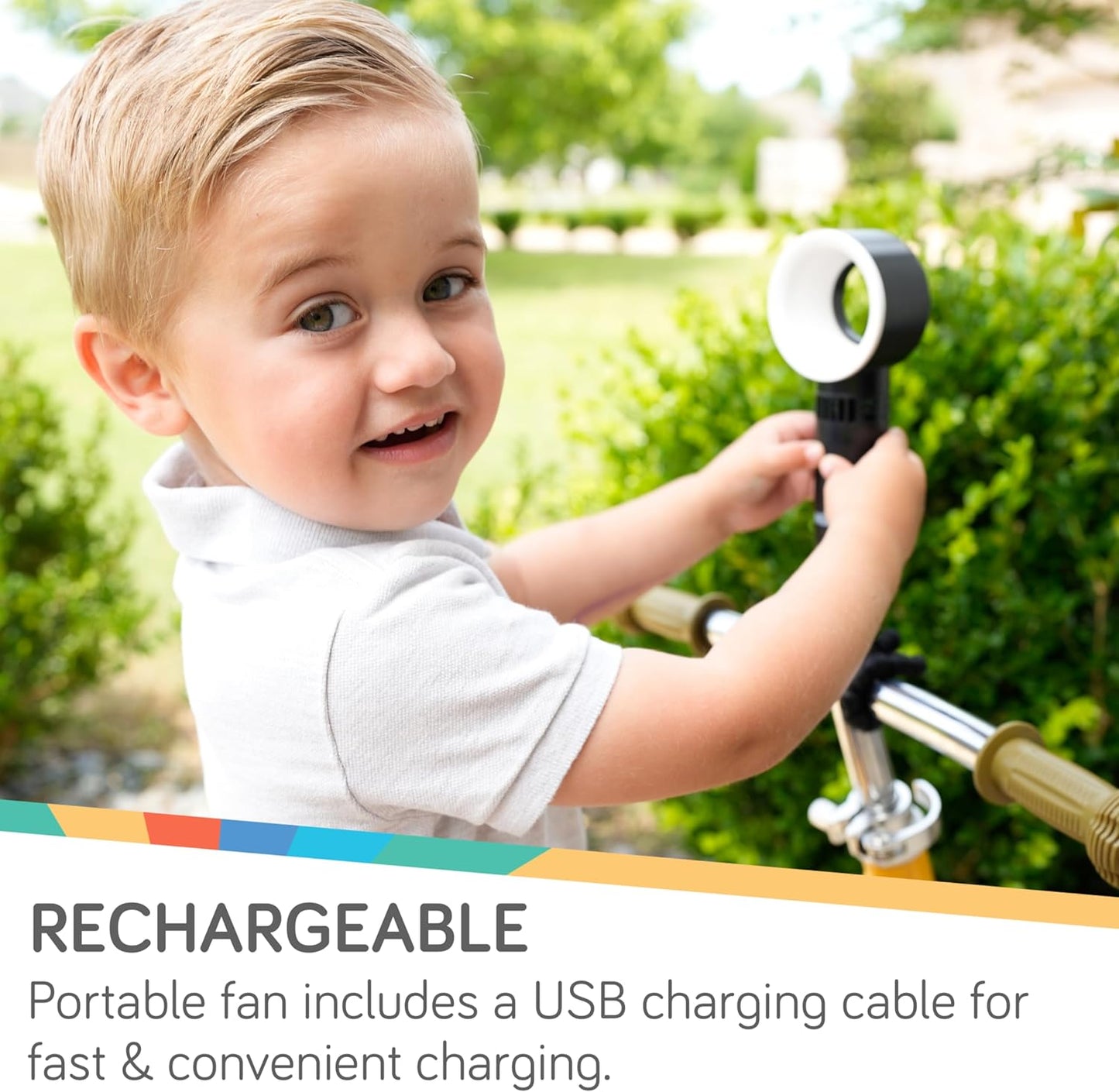 Nuby Portable Bladeless Pram Fan – Rechargeable | Flexible Tripod Legs | Safe & Quiet | Versatile & Portable