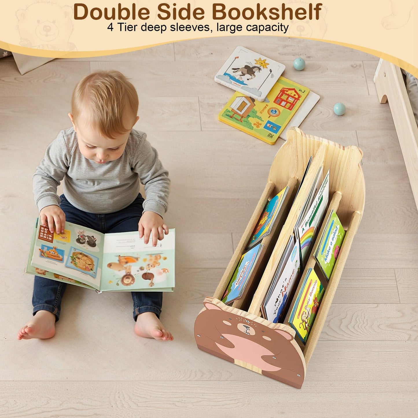MHJY Kids Bookshelf – Wooden Double-Sided Sling Book Rack with Canvas Storage, Toddler Bookcase for Nursery, Bedroom, Playroom – Montessori Style Children’s Book Organiser