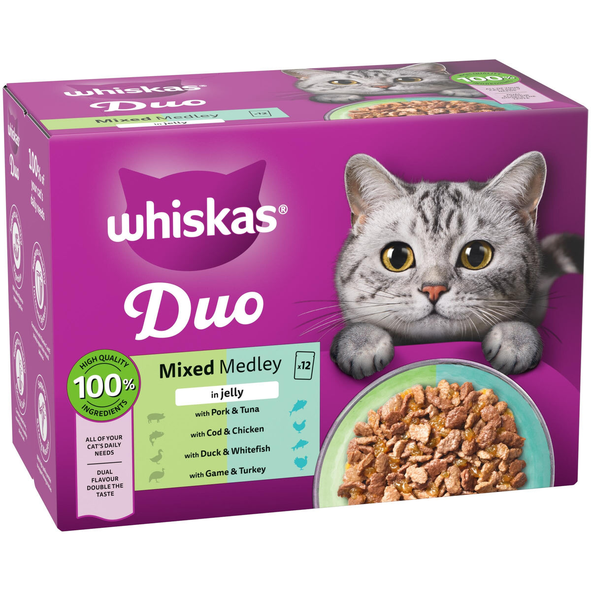 WHISKAS DUO Adult Wet Cat Food in Jelly 12x85g Surf & Turf (Pack of 4)