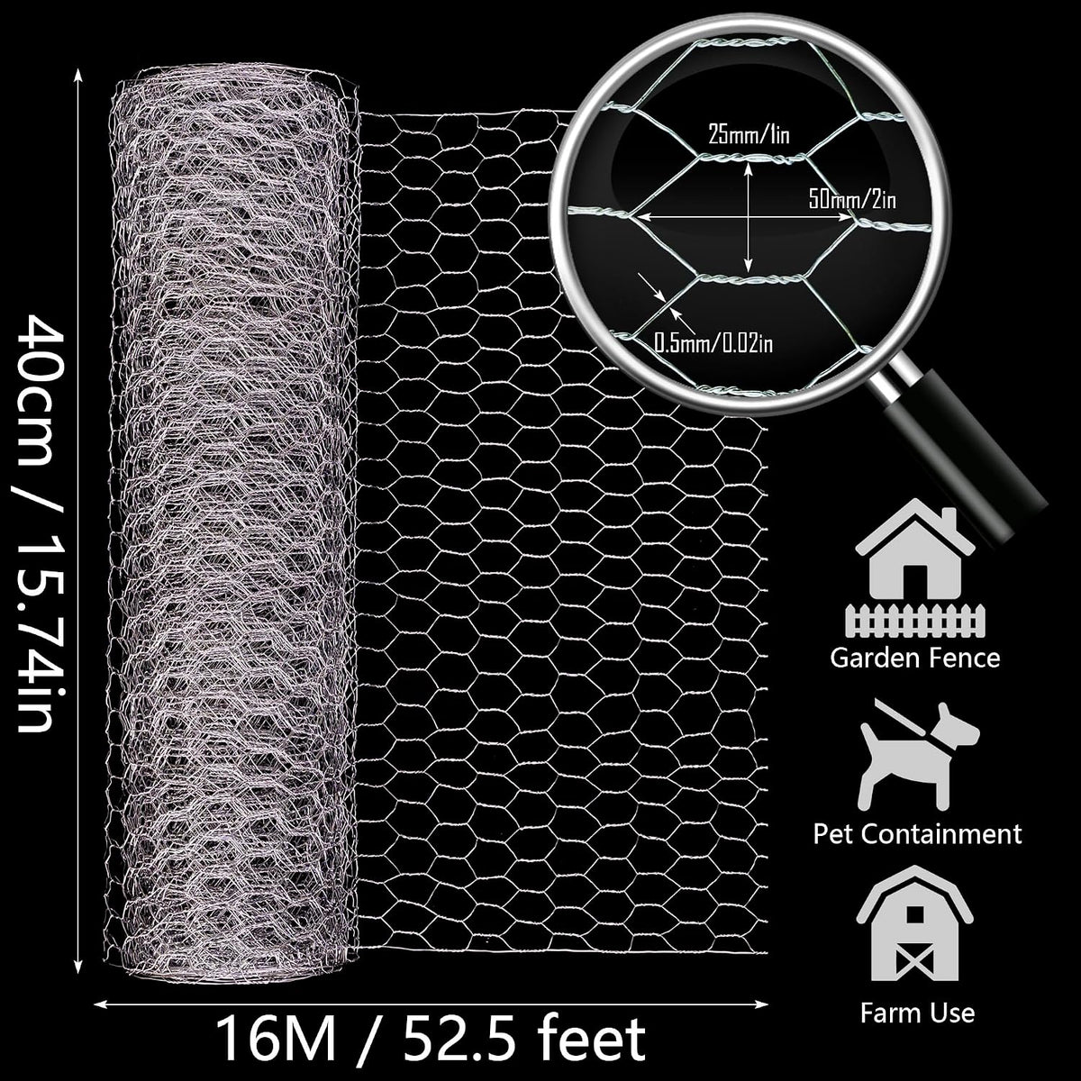Chicken Wire,16M Wire Mesh Roll,Chicken Wire Mesh for Pet Rabbit Chicken Fencing