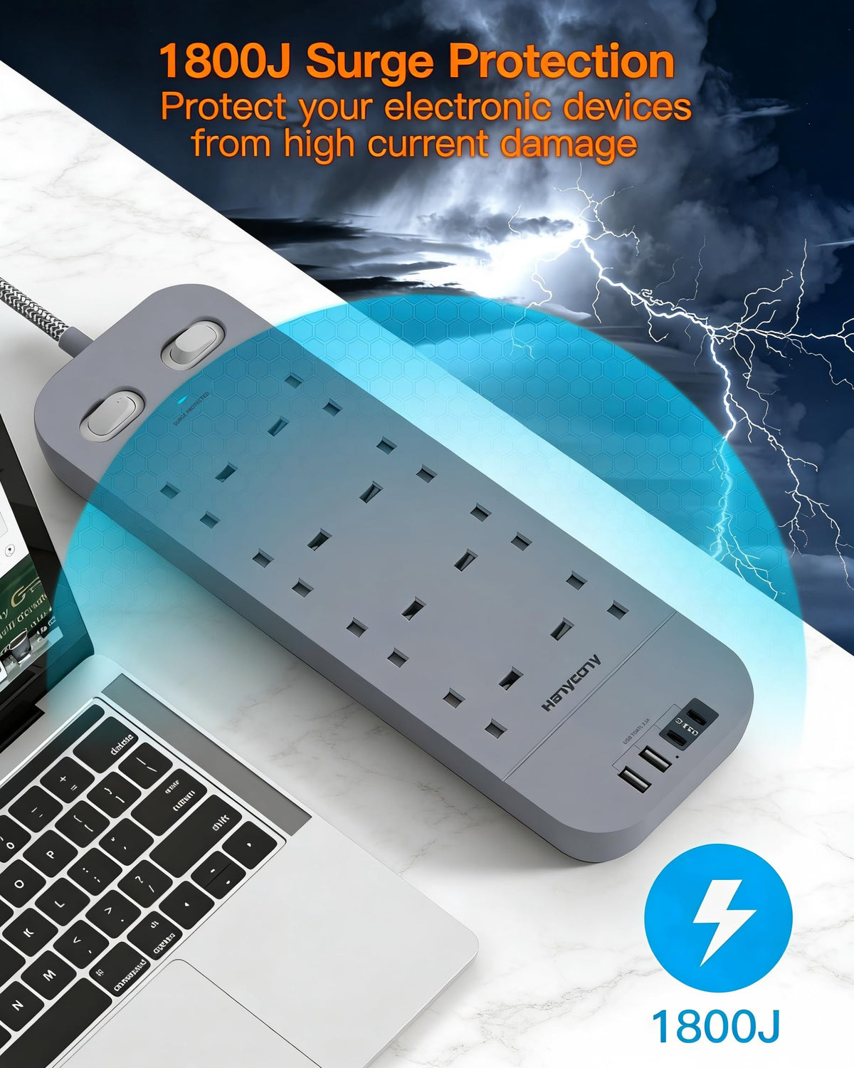 Extension Lead with 2 USB C Slots, 8 Way Power Strip Surge Protector