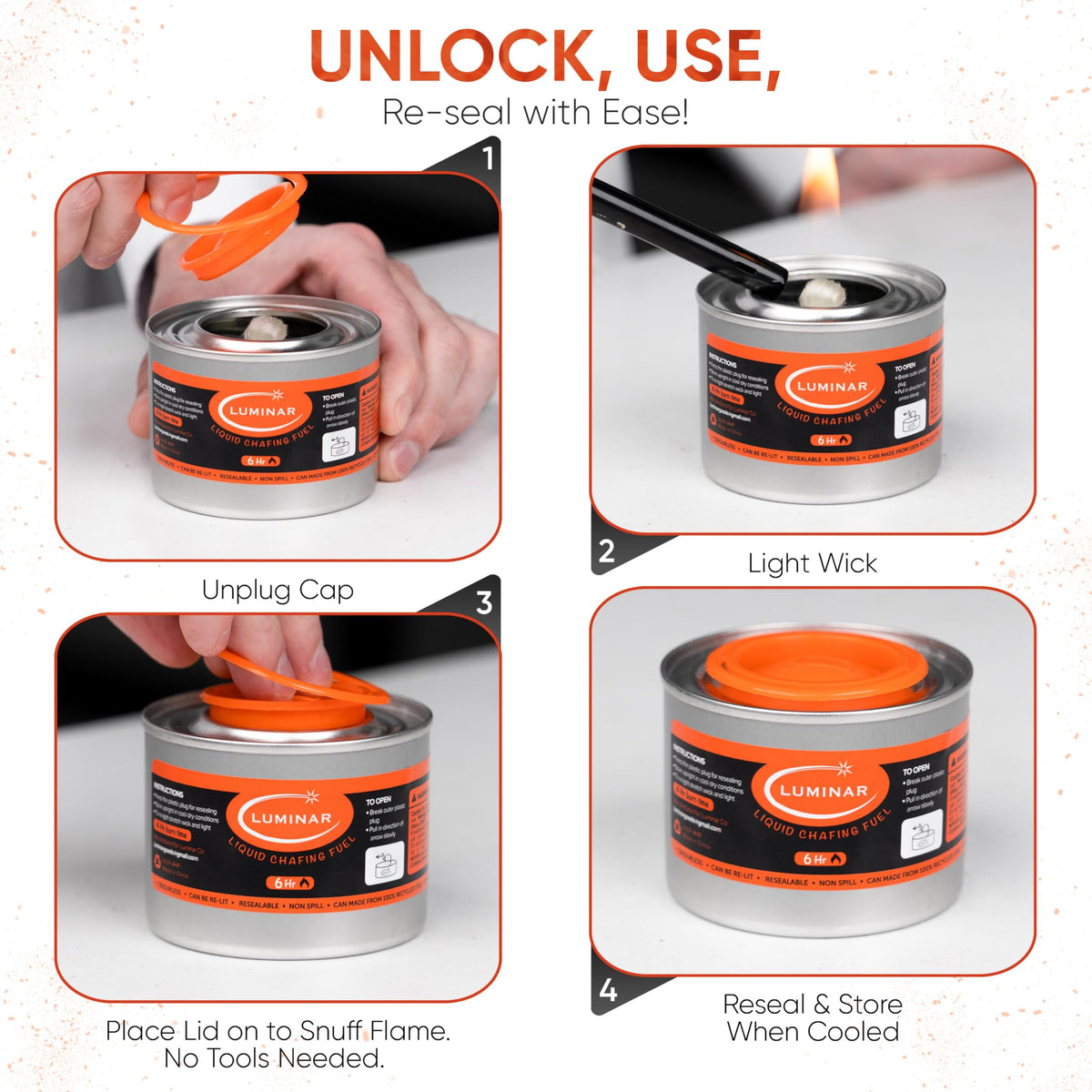 Luminar Resealable-Wick Chafing Fuel Cans, 24 Pack, 6 Hour - Premium Quality Burners for Food Warmers - No More Spills, Waste, or Hassle - Perfect for Convenient, and Long-Lasting Event Catering