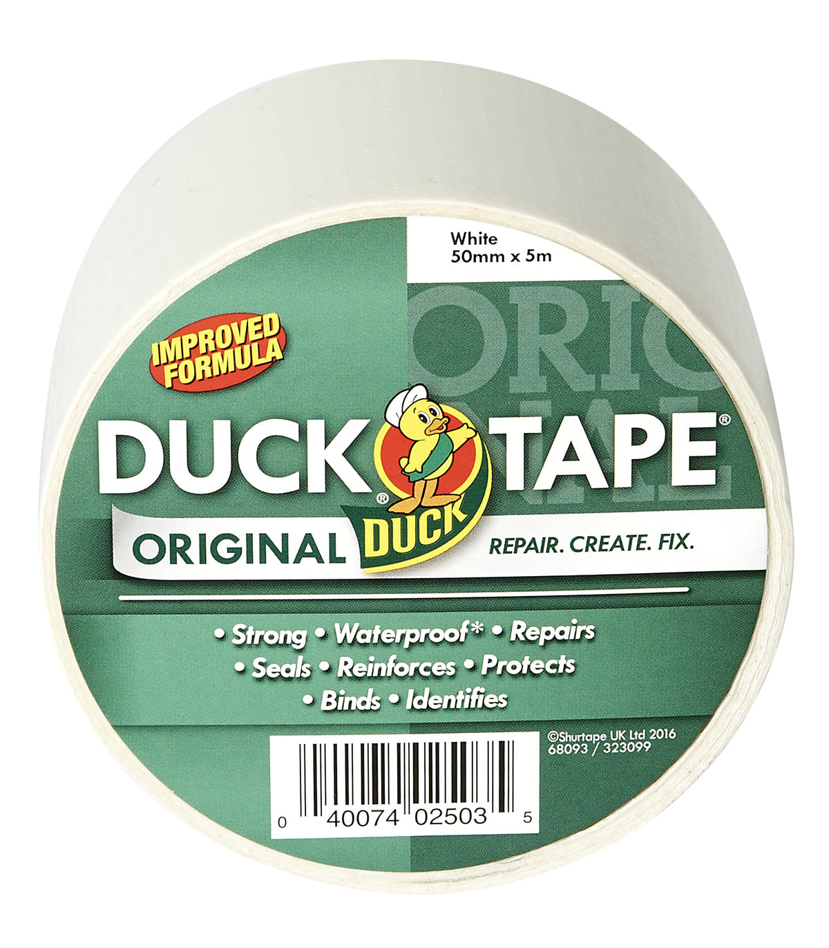 Duck Tape Original White Duct Tape, 50mm x 25m Heavy Duty, Waterproof Gaffer, Gaffa Sticky Tape, Strong Adhesive Cloth Repair Tape, Suitable for Packing boxes, Moving House, Parcels or Packaging